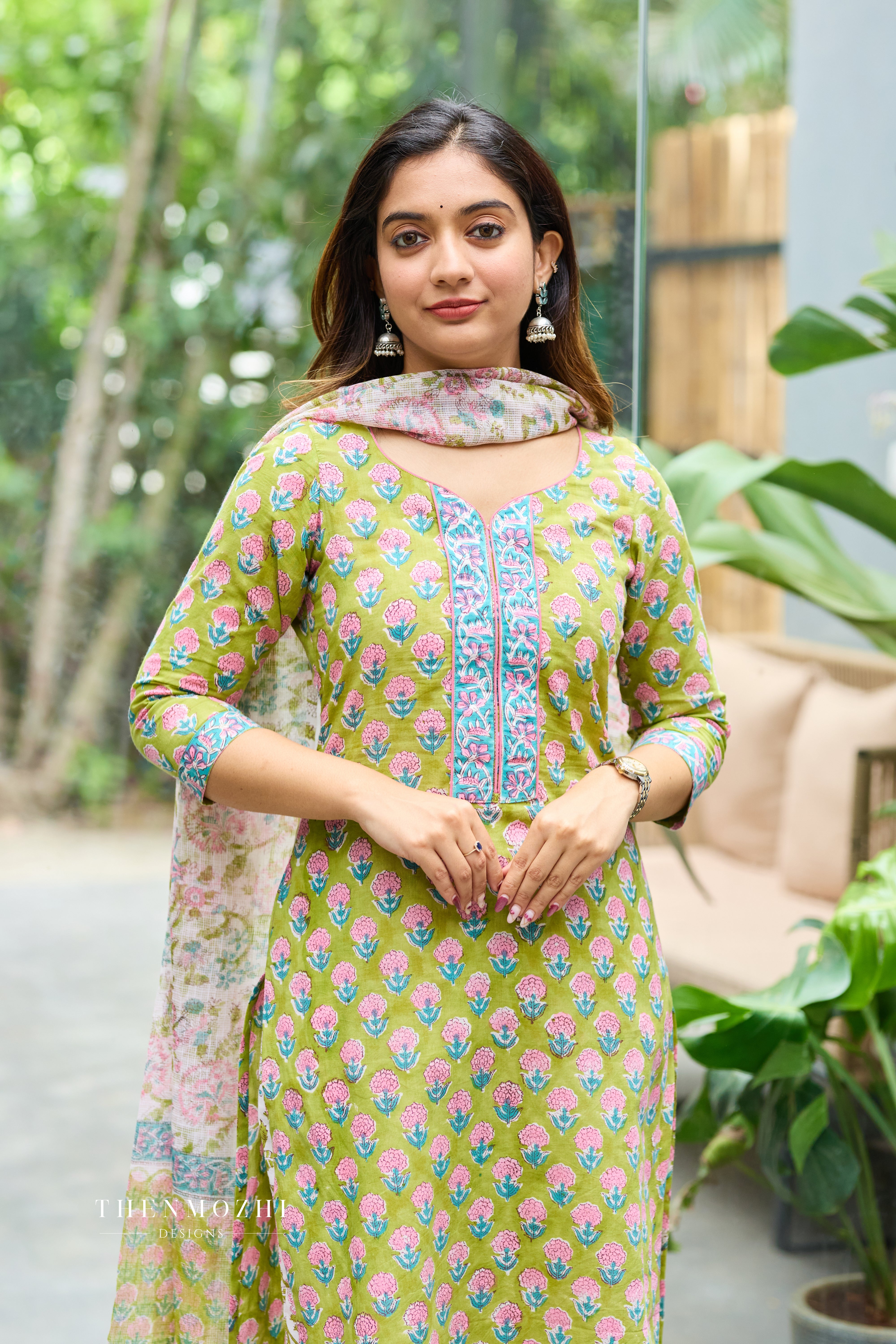 Lime Green Cotton Suit Set with Kota Dupatta