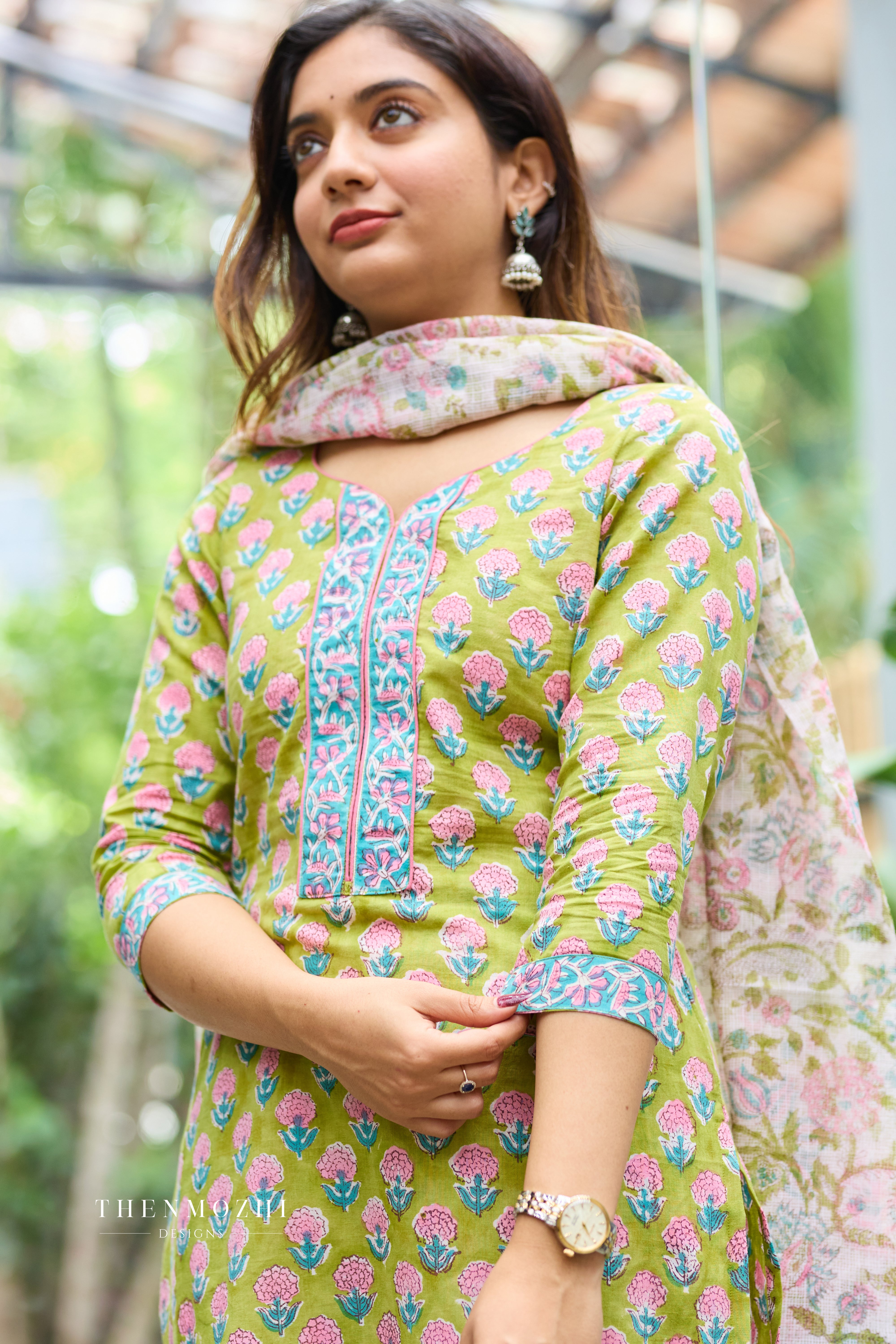 Lime Green Cotton Suit Set with Kota Dupatta