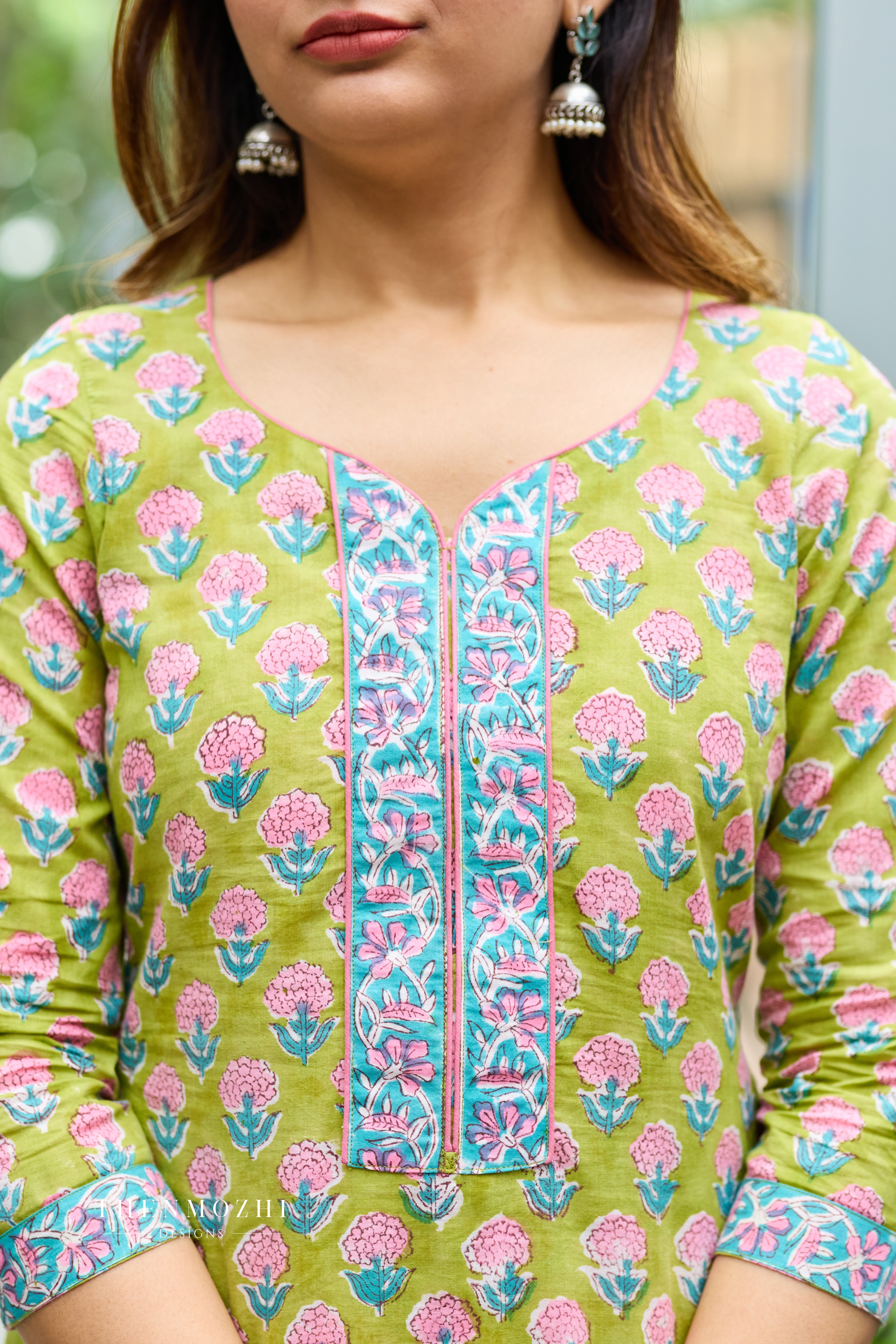 Lime Green Cotton Suit Set with Kota Dupatta