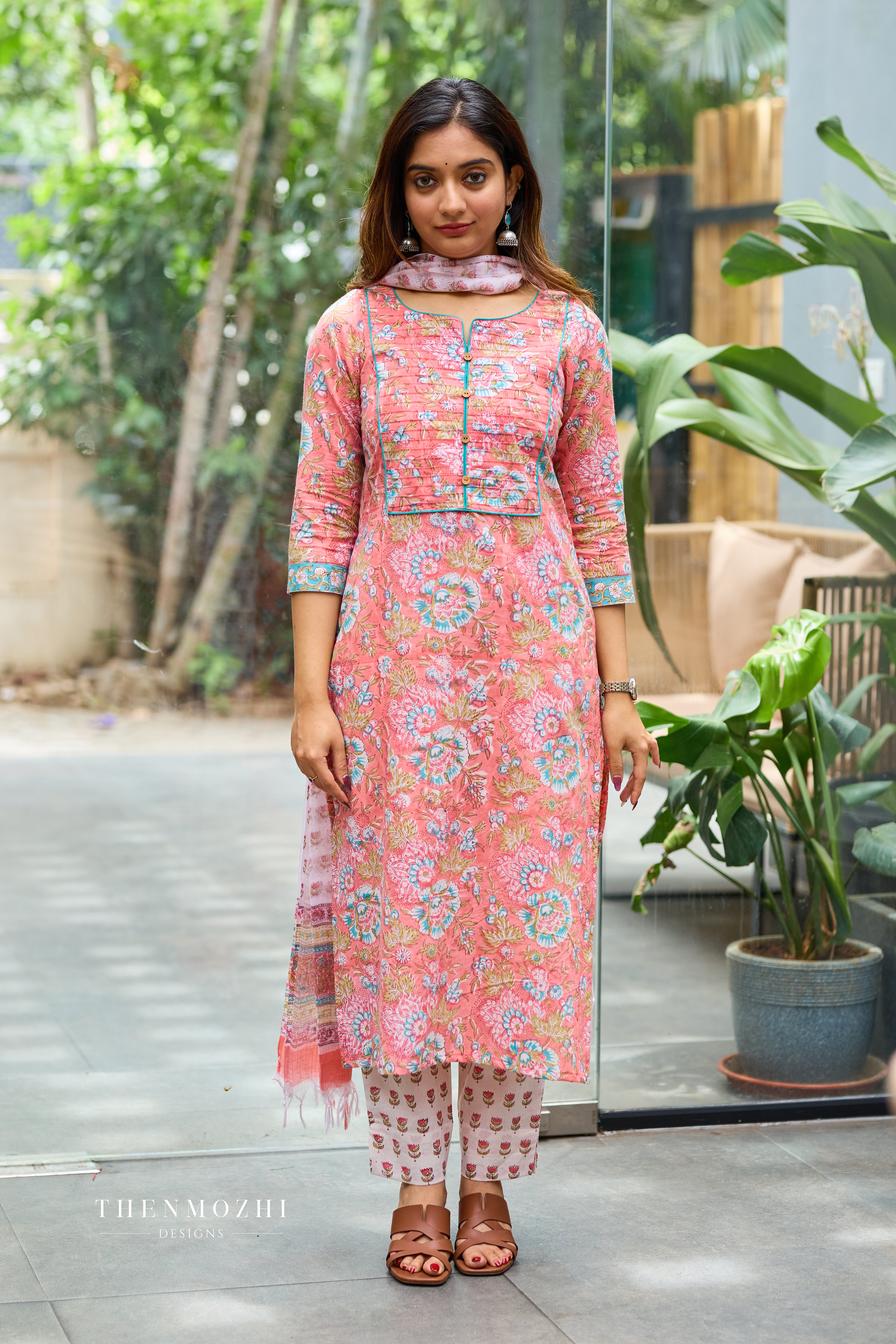 Coral Orange Cotton Suit Set with Kota Dupatta