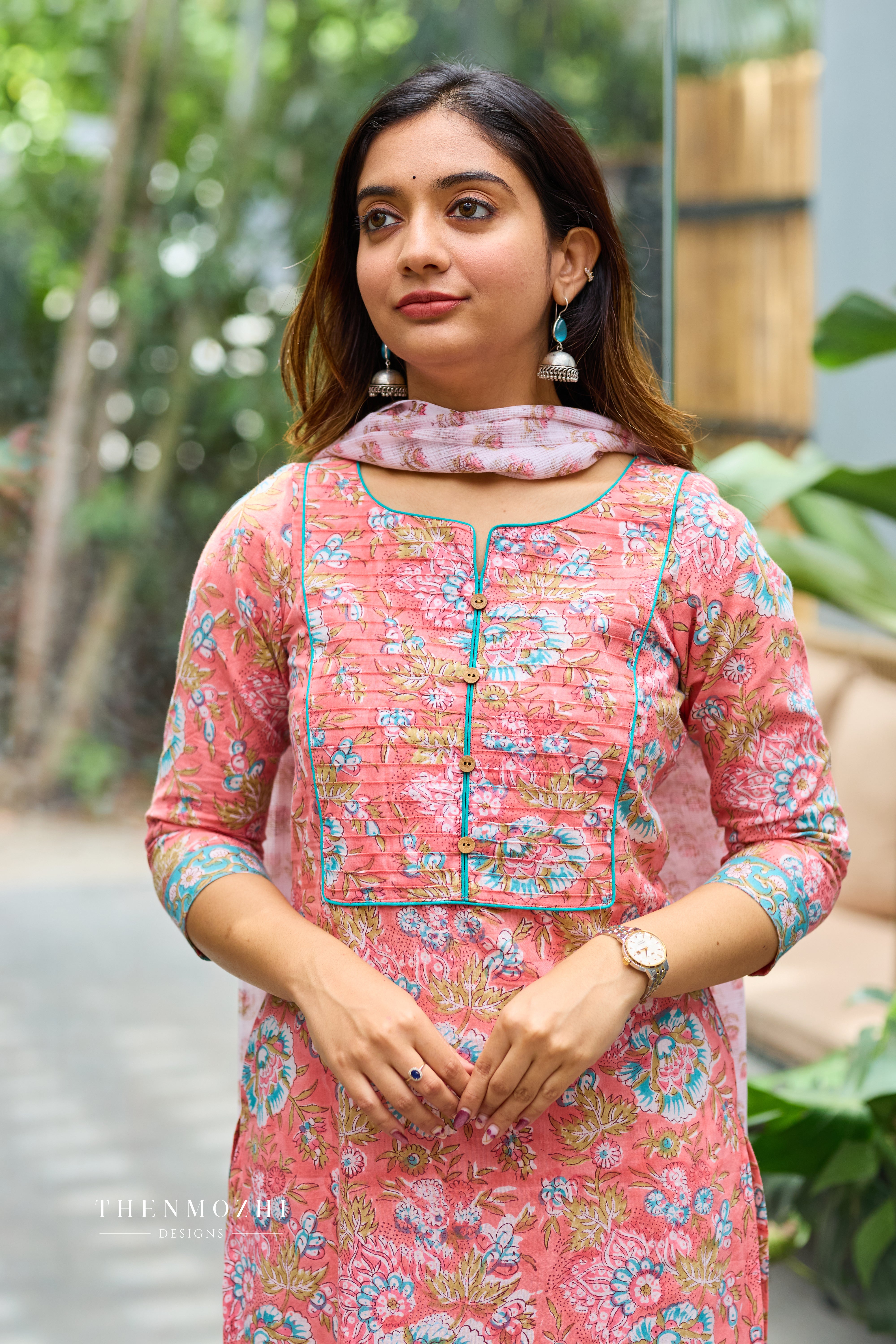 Coral Orange Cotton Suit Set with Kota Dupatta