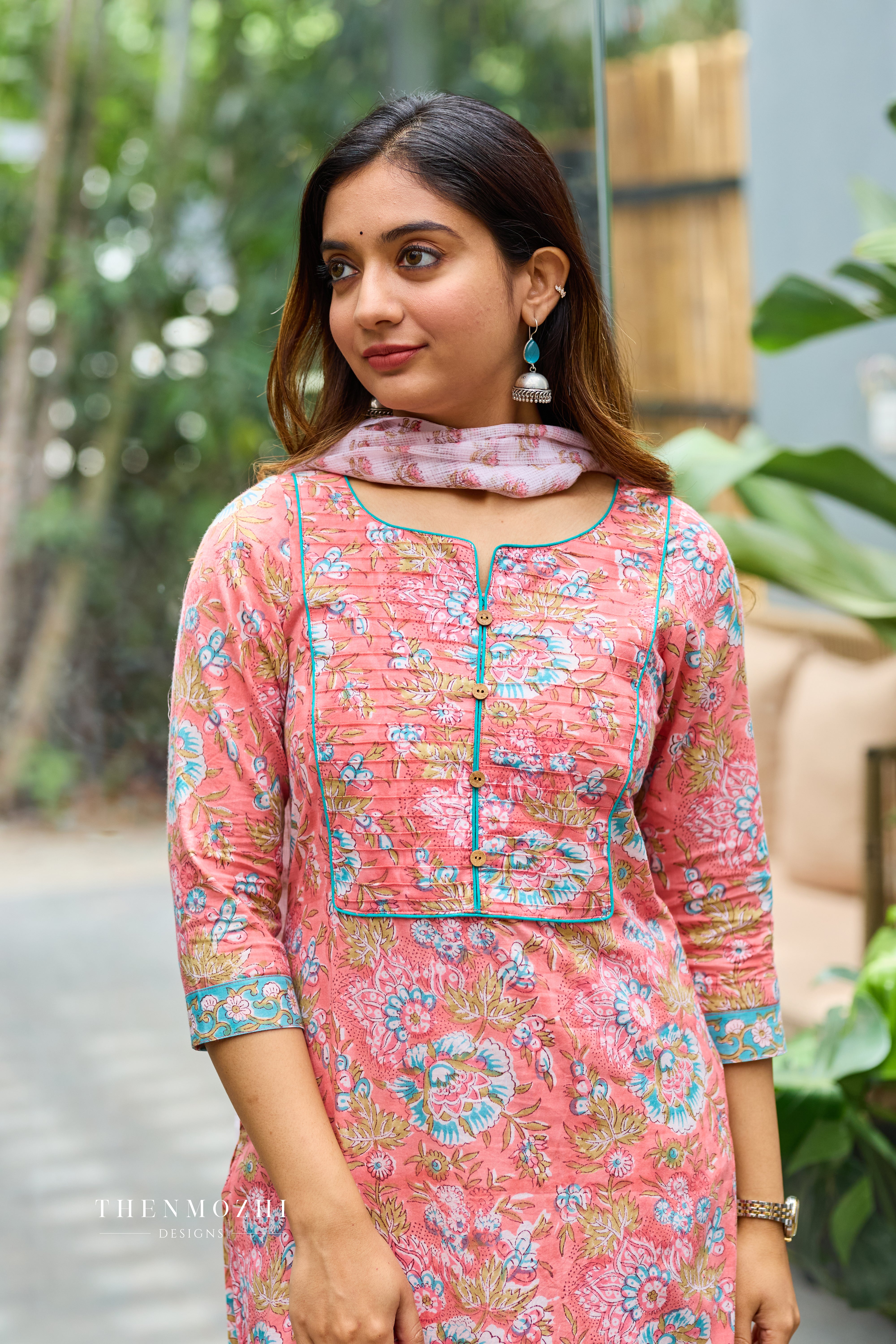 Coral Orange Cotton Suit Set with Kota Dupatta