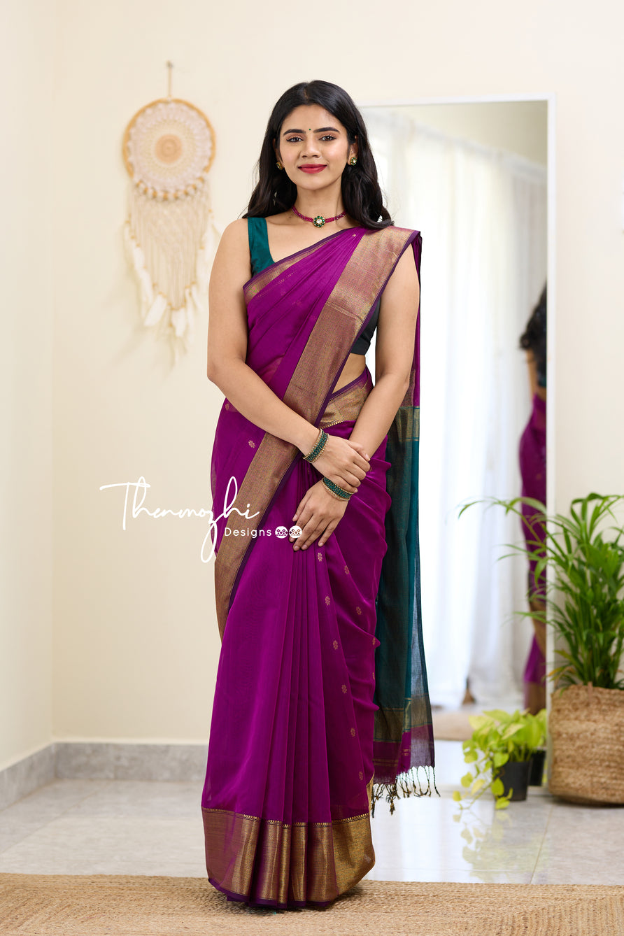 Pink and Dark Green (Big Border) Maheshwari Silk Handloom Cotton Saree