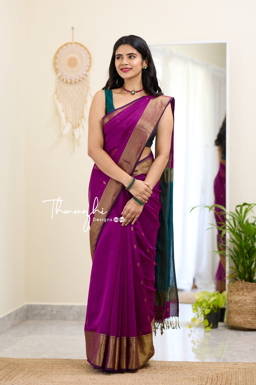 Pink and Dark Green (Big Border) Maheshwari Silk Handloom Cotton Saree