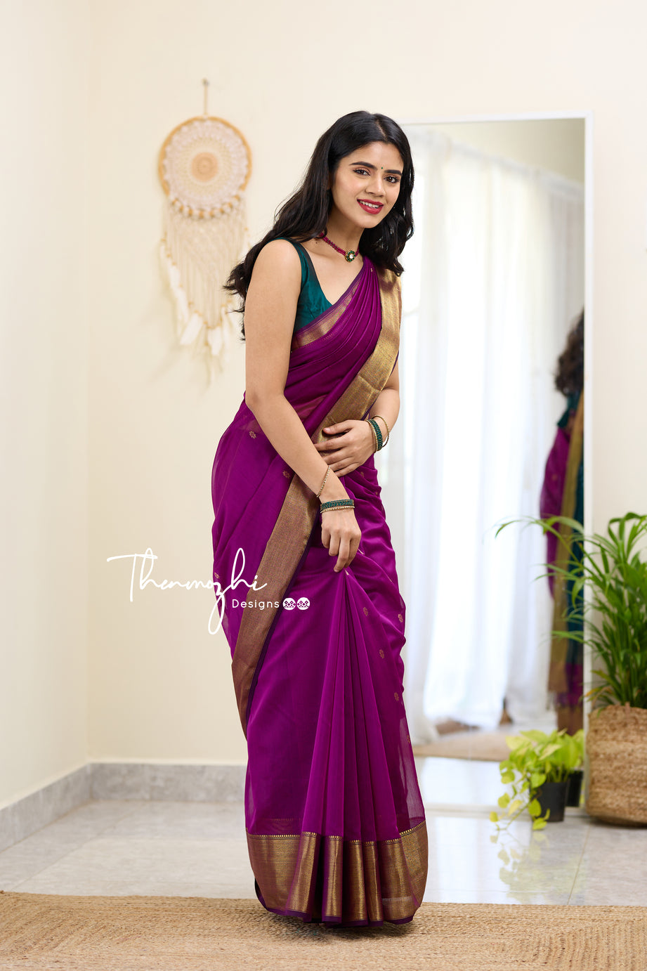 Pink and Dark Green (Big Border) Maheshwari Silk Handloom Cotton Saree