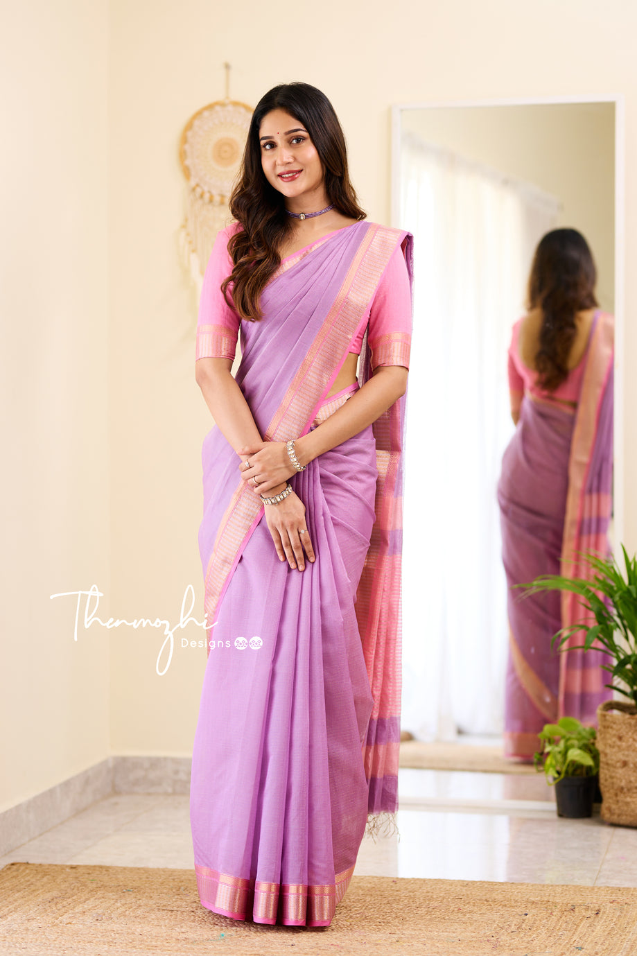 Hridaya (Lilac) - Lilac Maheshwari Tissue Silk Handloom Cotton Saree