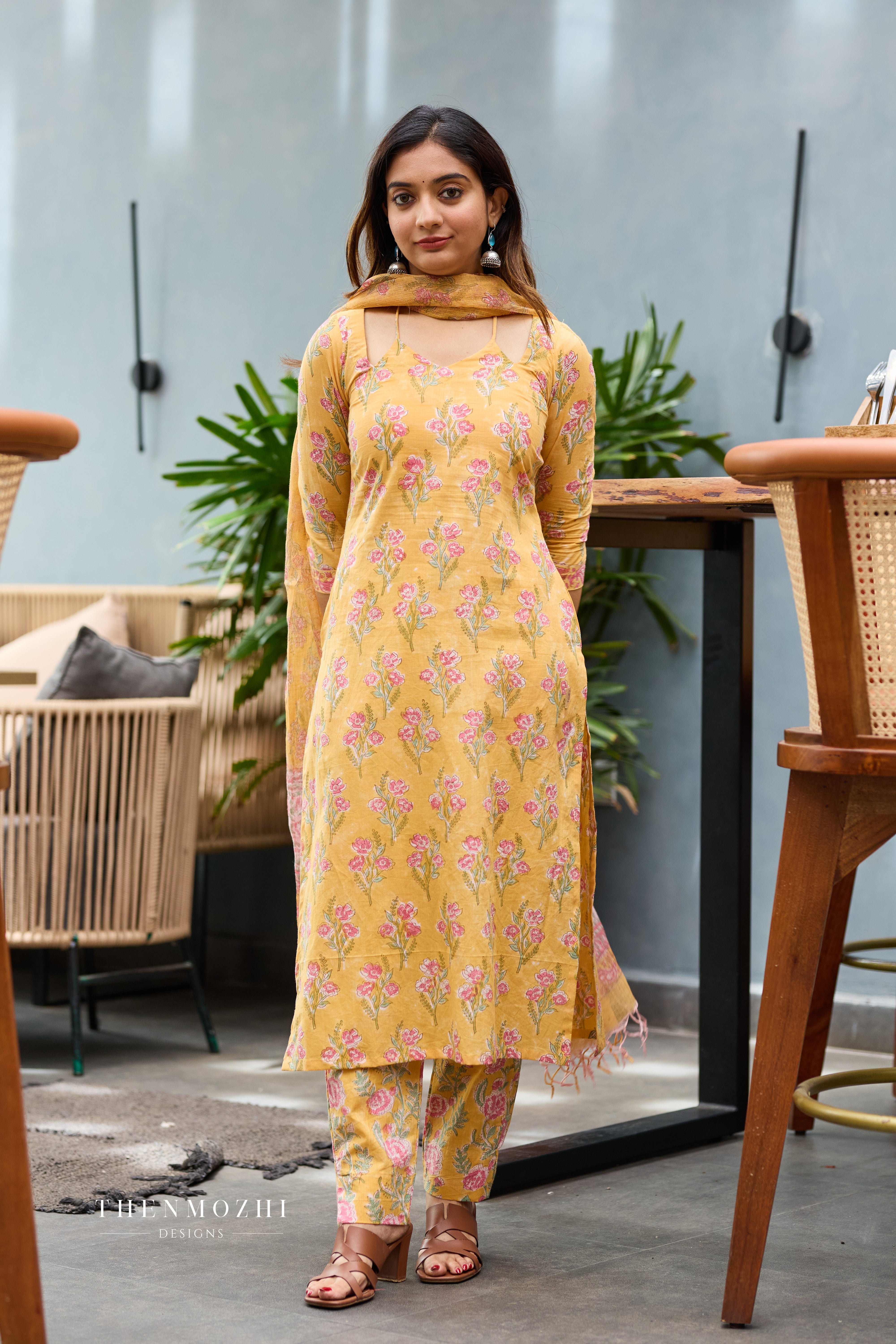 Shoulder Cut Halter Neck Light Marigold Yellow Cotton Suit Set with Kota Dupatta