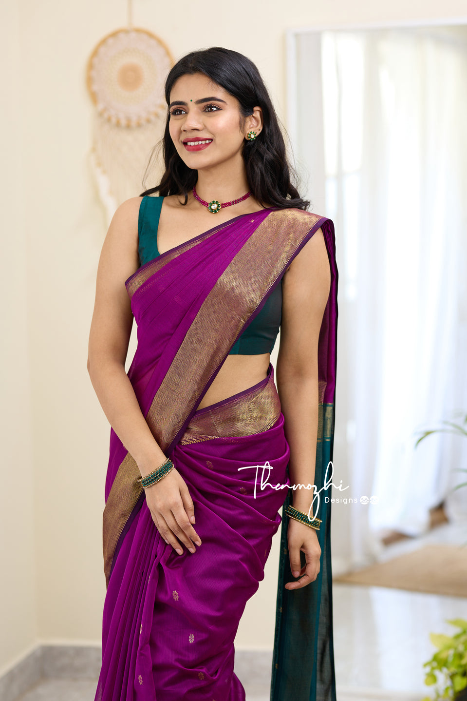 Pink and Dark Green (Big Border) Maheshwari Silk Handloom Cotton Saree