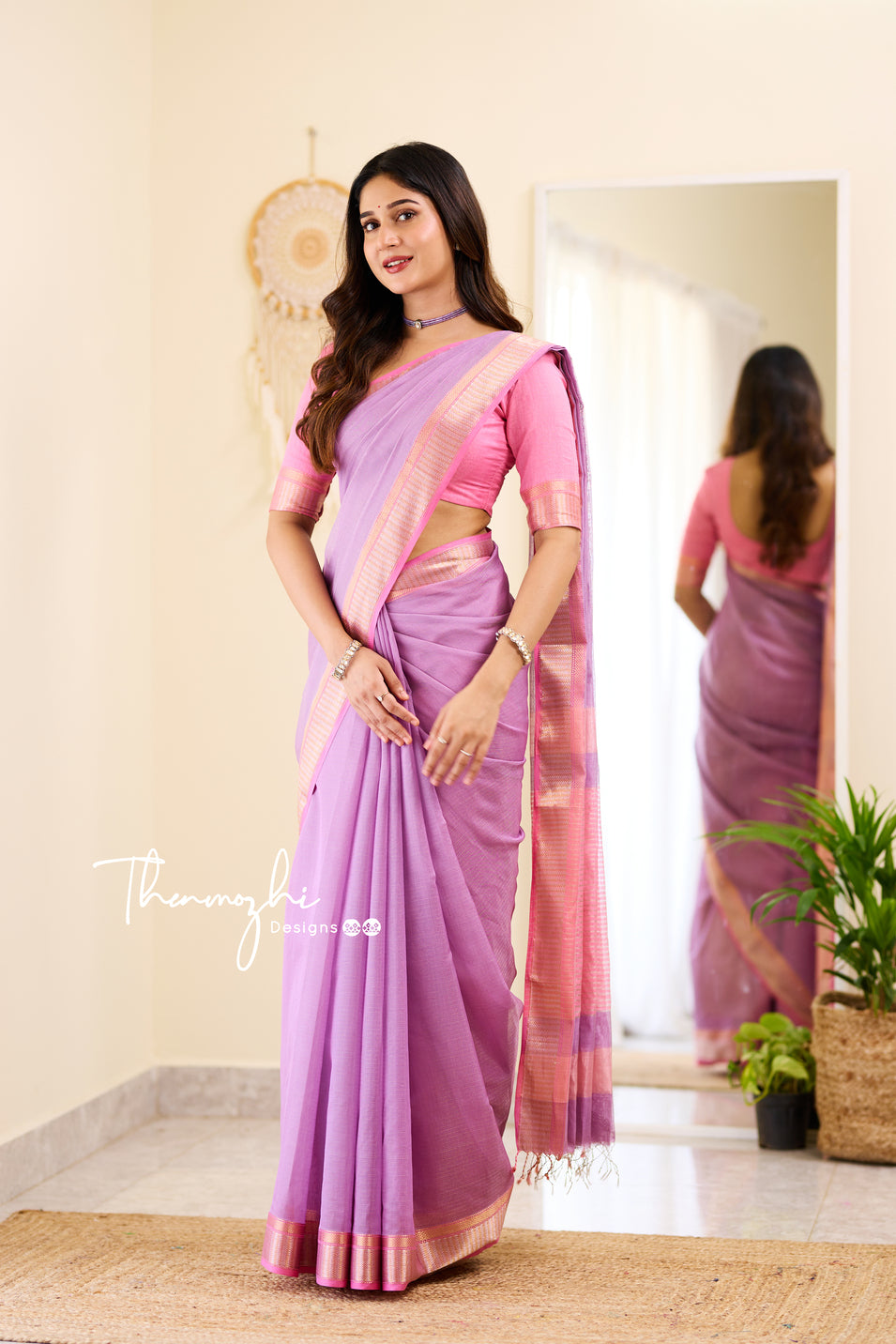Hridaya (Lilac) - Lilac Maheshwari Tissue Silk Handloom Cotton Saree