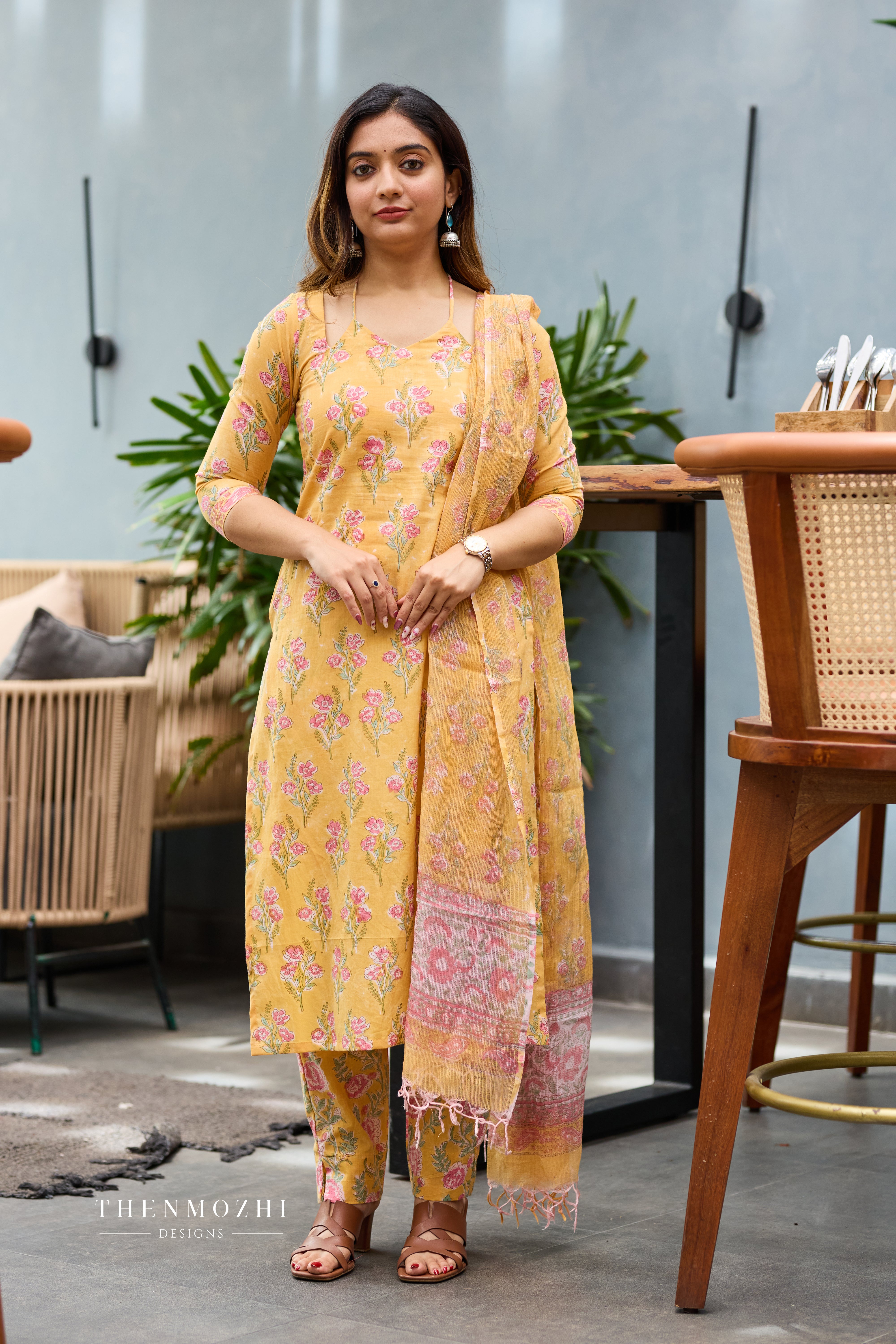 Shoulder Cut Halter Neck Light Marigold Yellow Cotton Suit Set with Kota Dupatta