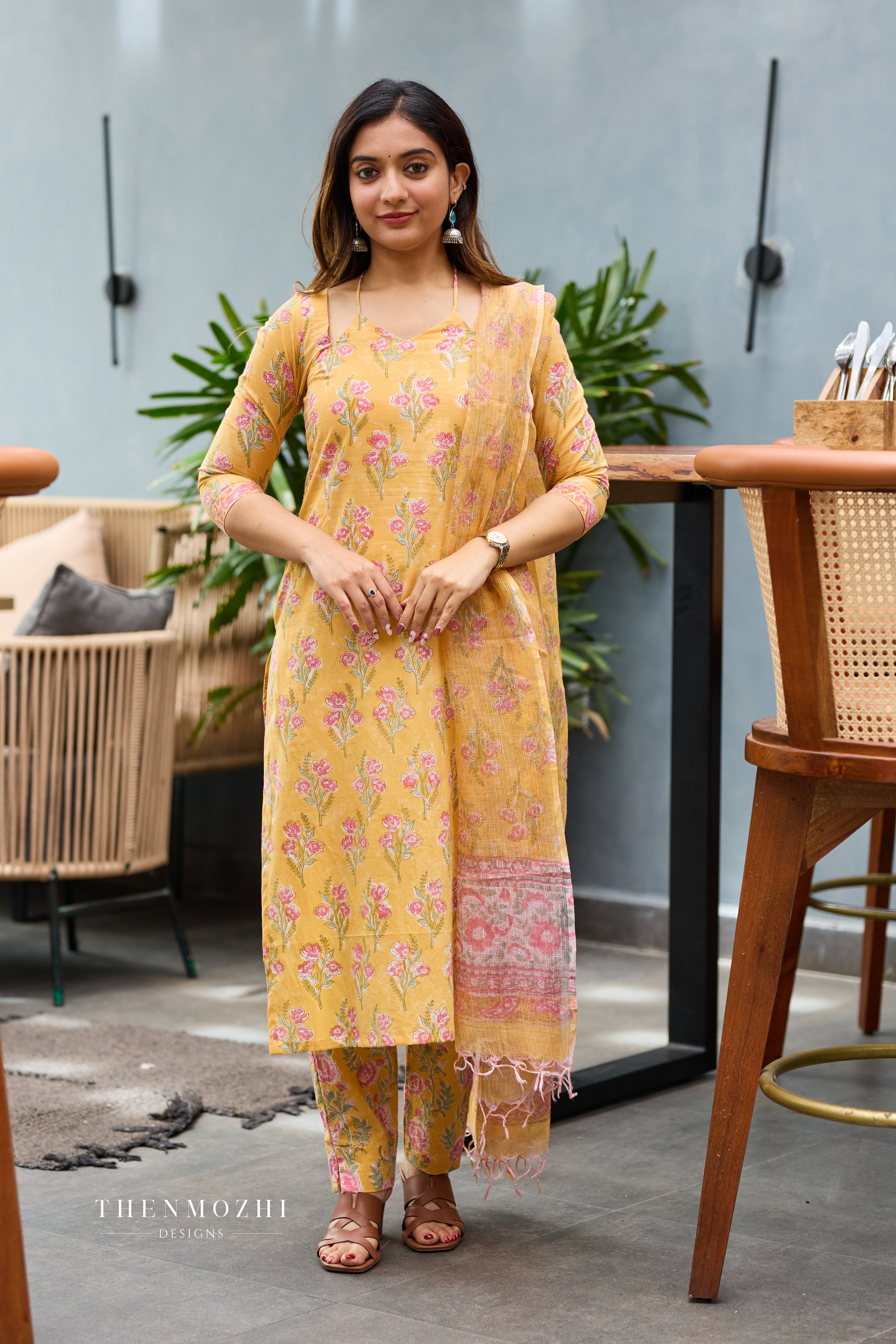 Shoulder Cut Halter Neck Light Marigold Yellow Cotton Suit Set with Kota Dupatta