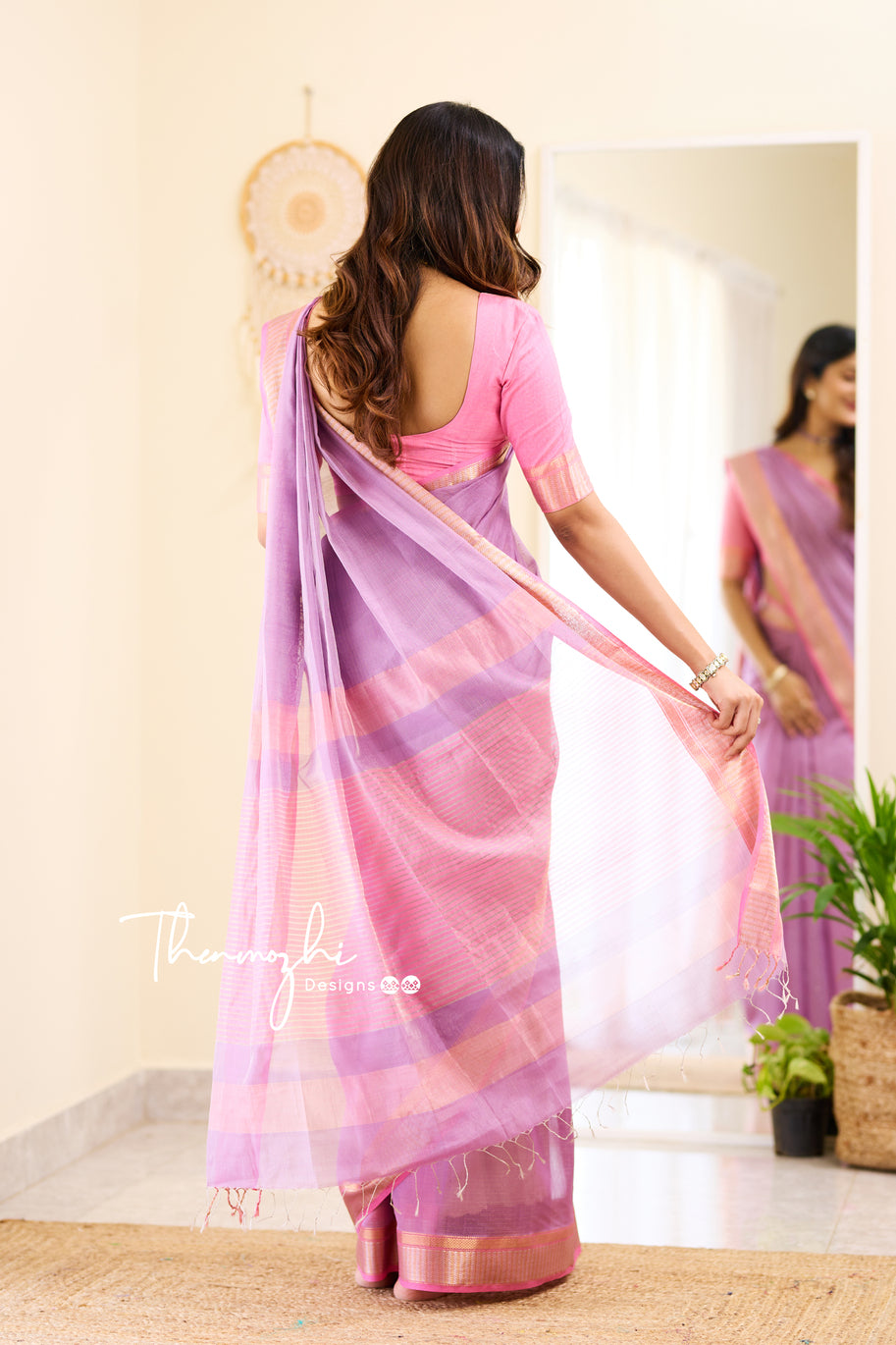 Hridaya (Lilac) - Lilac Maheshwari Tissue Silk Handloom Cotton Saree