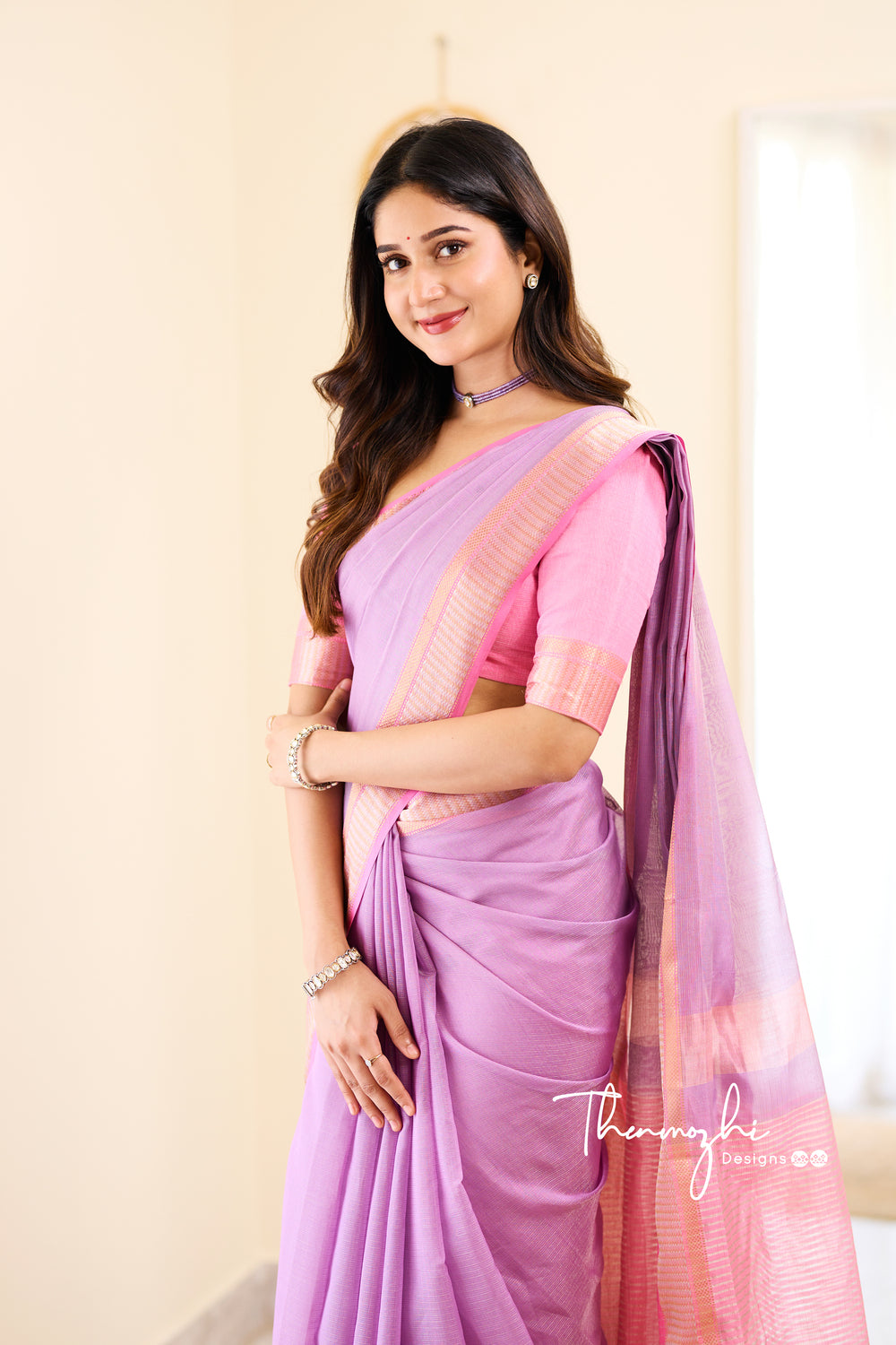 Hridaya (Lilac) - Lilac Maheshwari Tissue Silk Handloom Cotton Saree