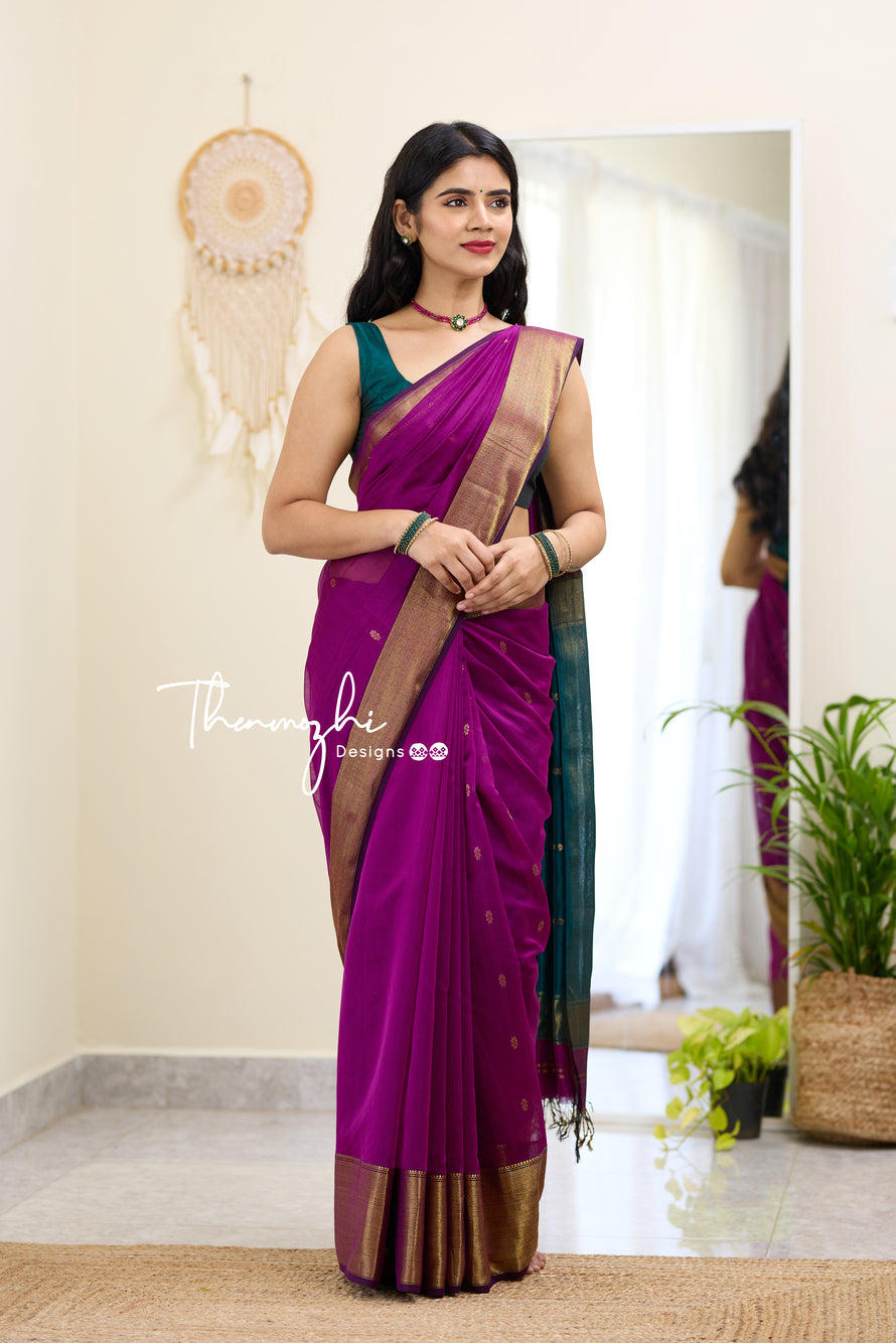Pink and Dark Green (Big Border) Maheshwari Silk Handloom Cotton Saree