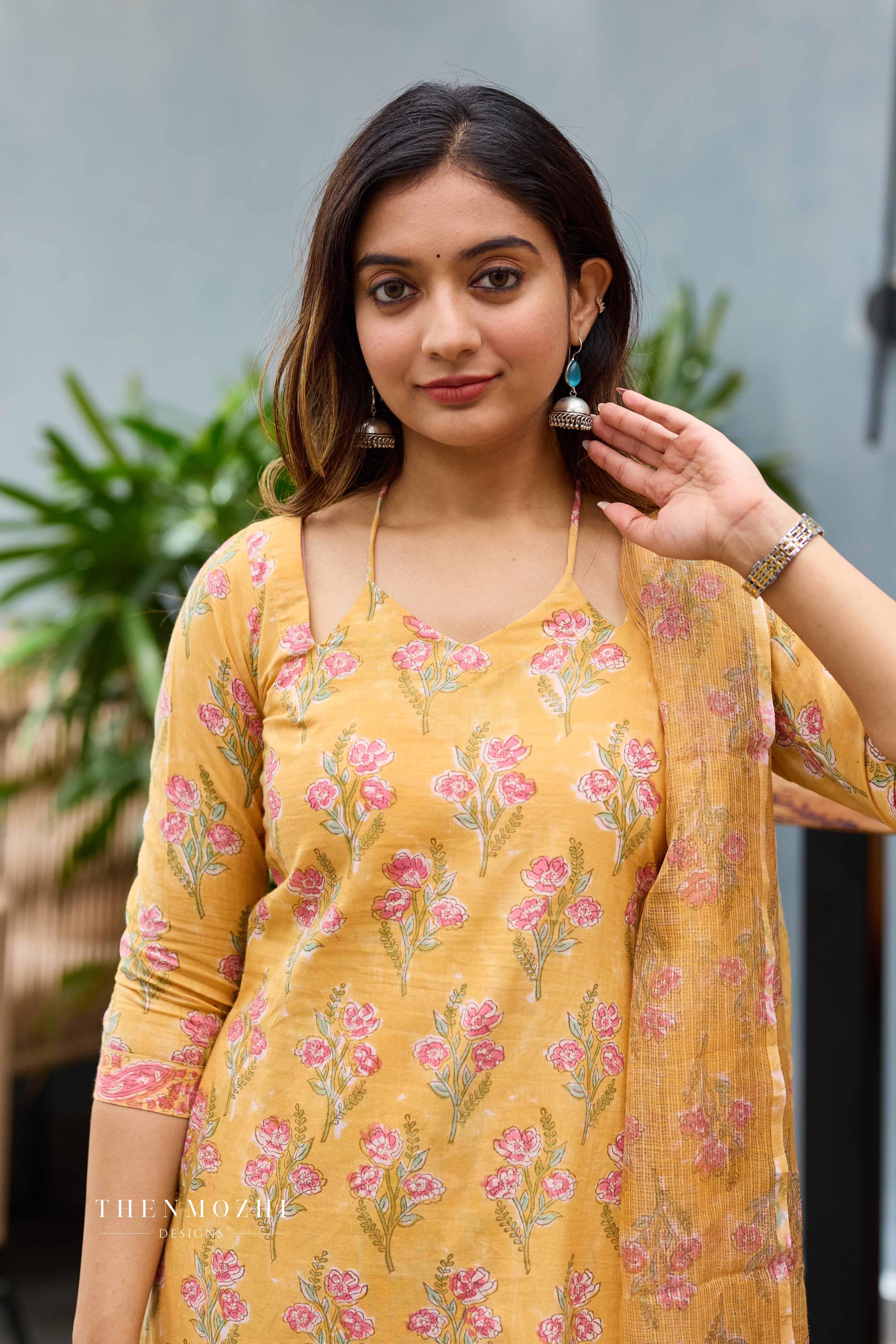 Shoulder Cut Halter Neck Light Marigold Yellow Cotton Suit Set with Kota Dupatta