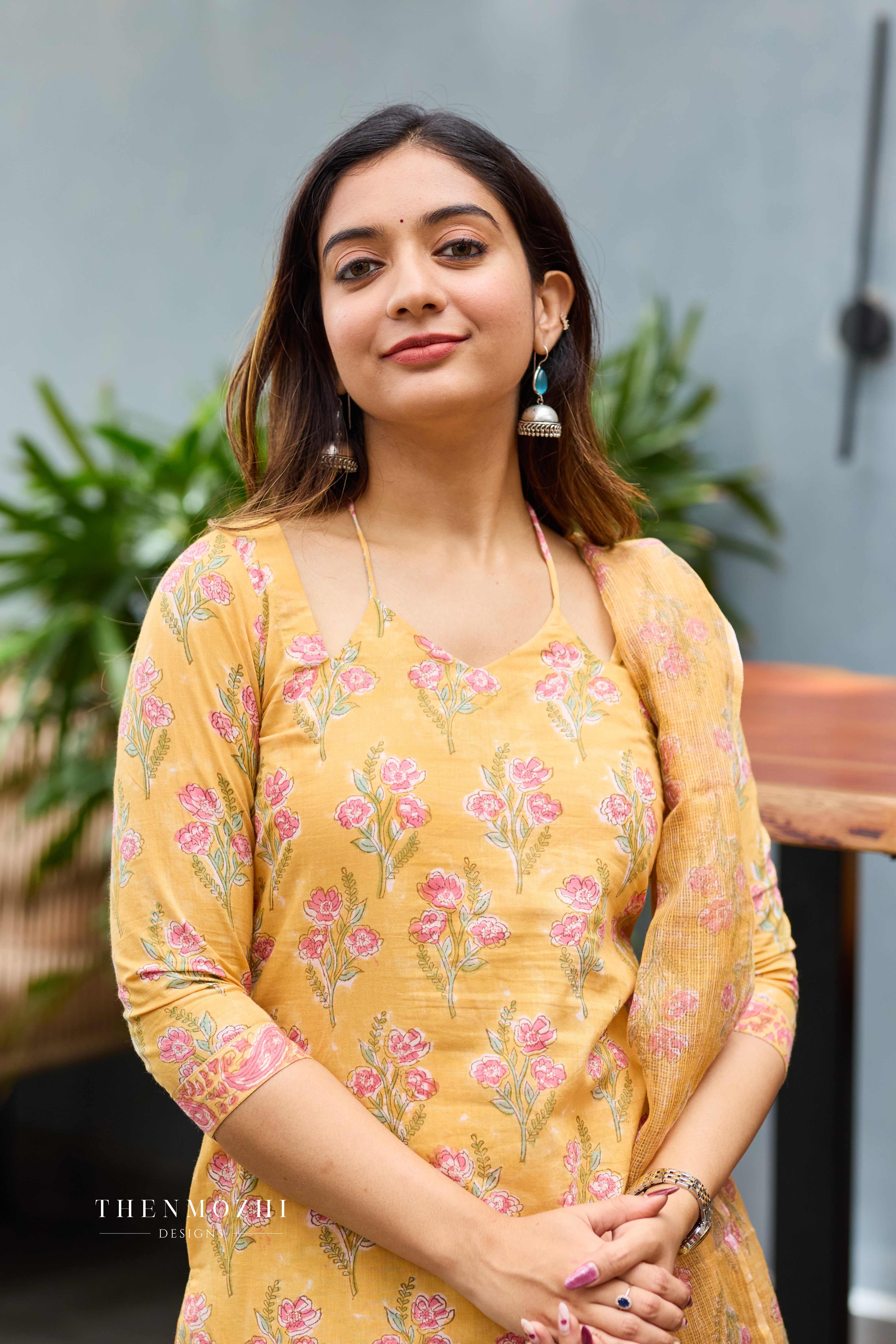 Shoulder Cut Halter Neck Light Marigold Yellow Cotton Suit Set with Kota Dupatta