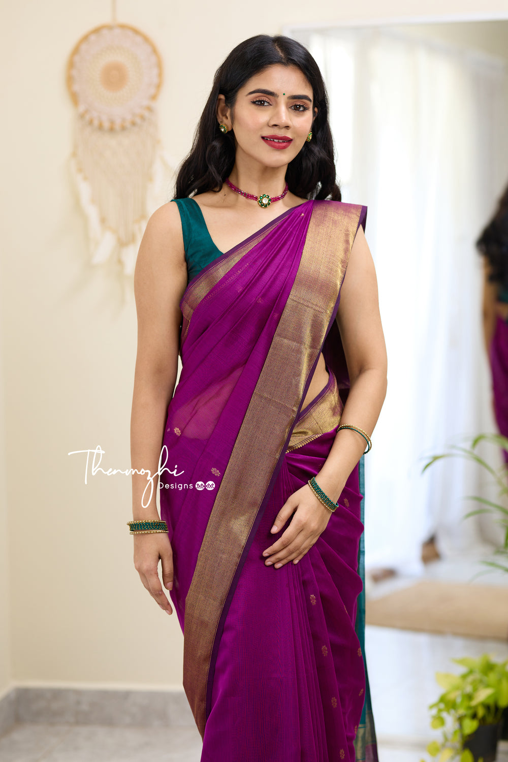 Pink and Dark Green (Big Border) Maheshwari Silk Handloom Cotton Saree