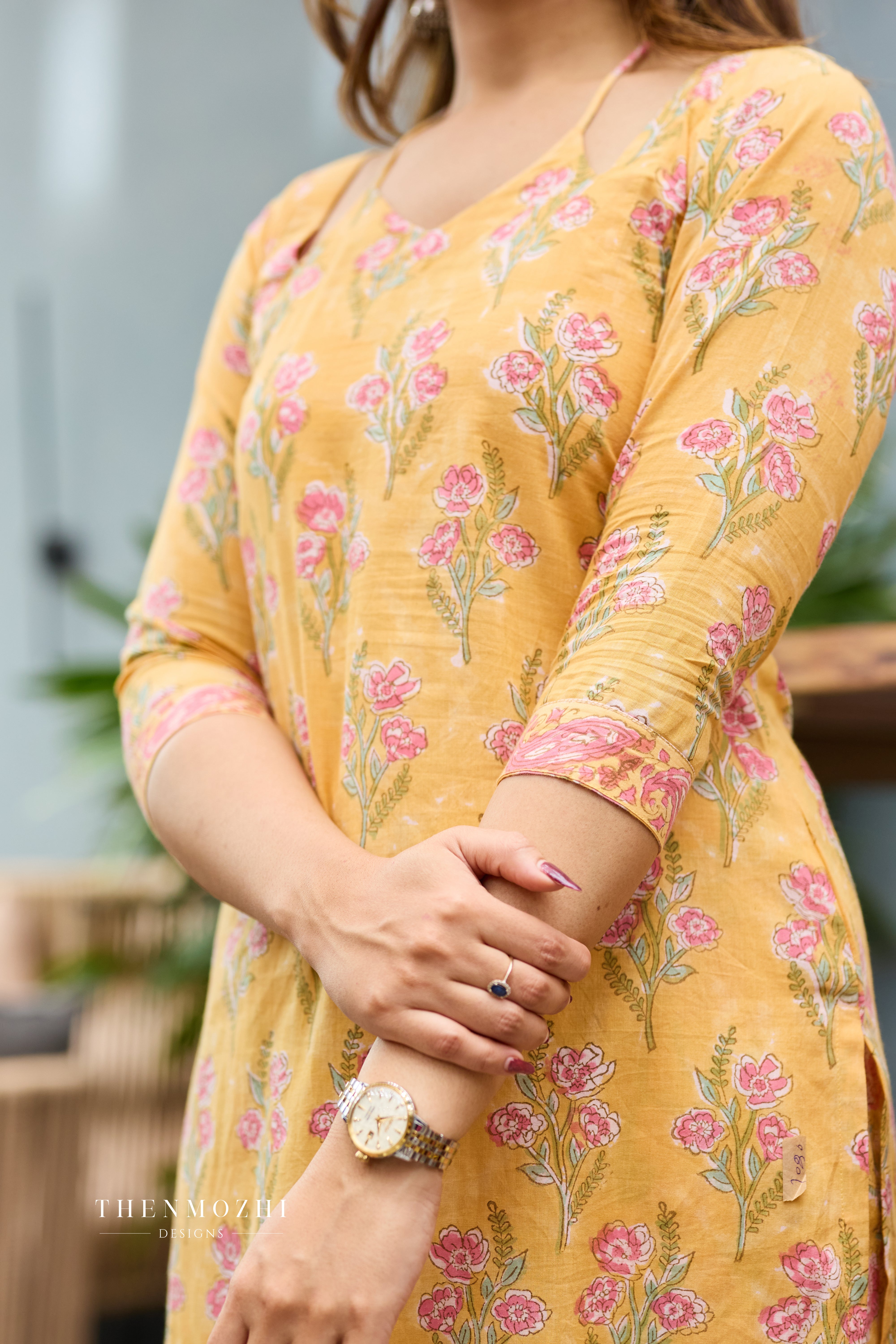 Shoulder Cut Halter Neck Light Marigold Yellow Cotton Suit Set with Kota Dupatta
