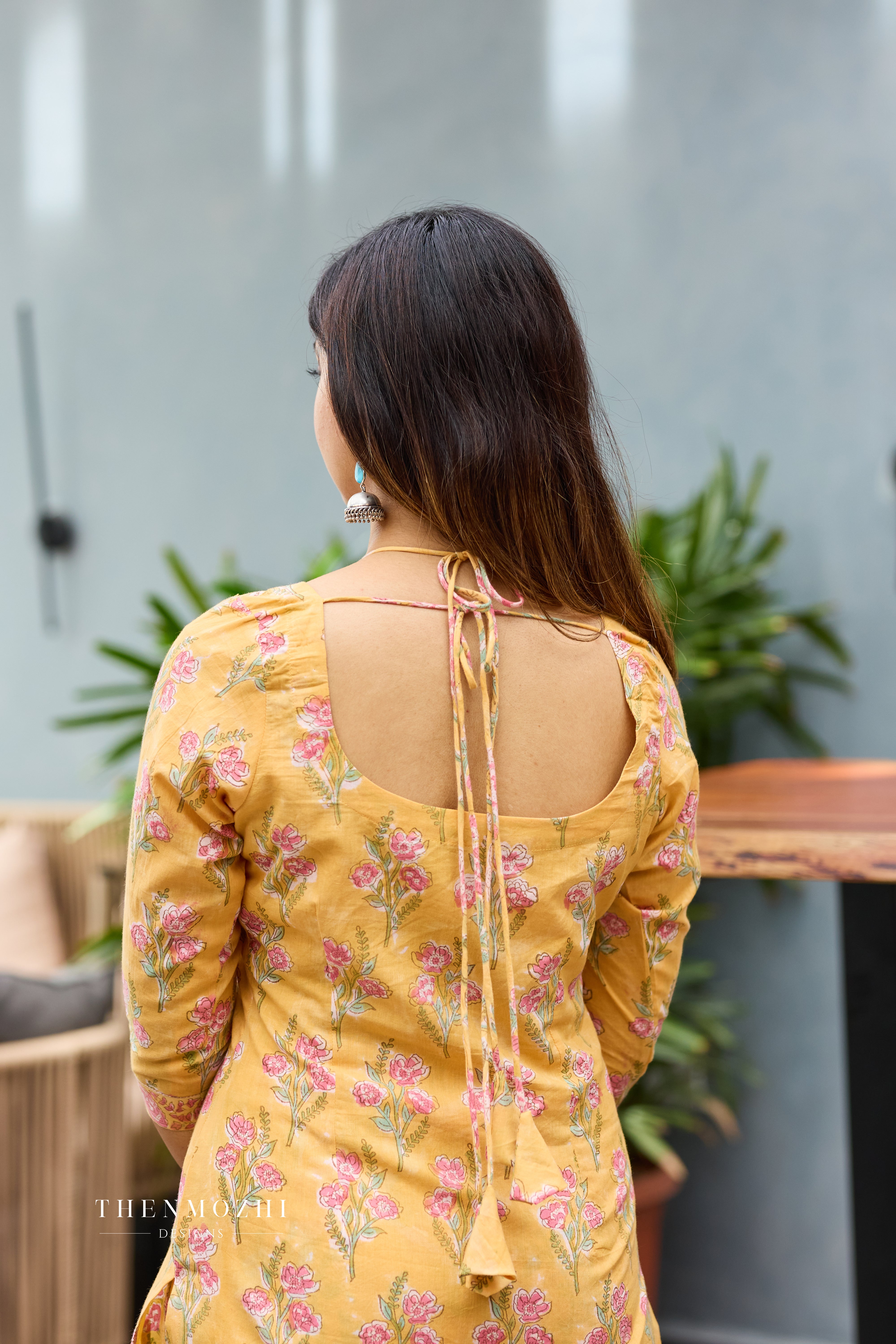 Shoulder Cut Halter Neck Light Marigold Yellow Cotton Suit Set with Kota Dupatta