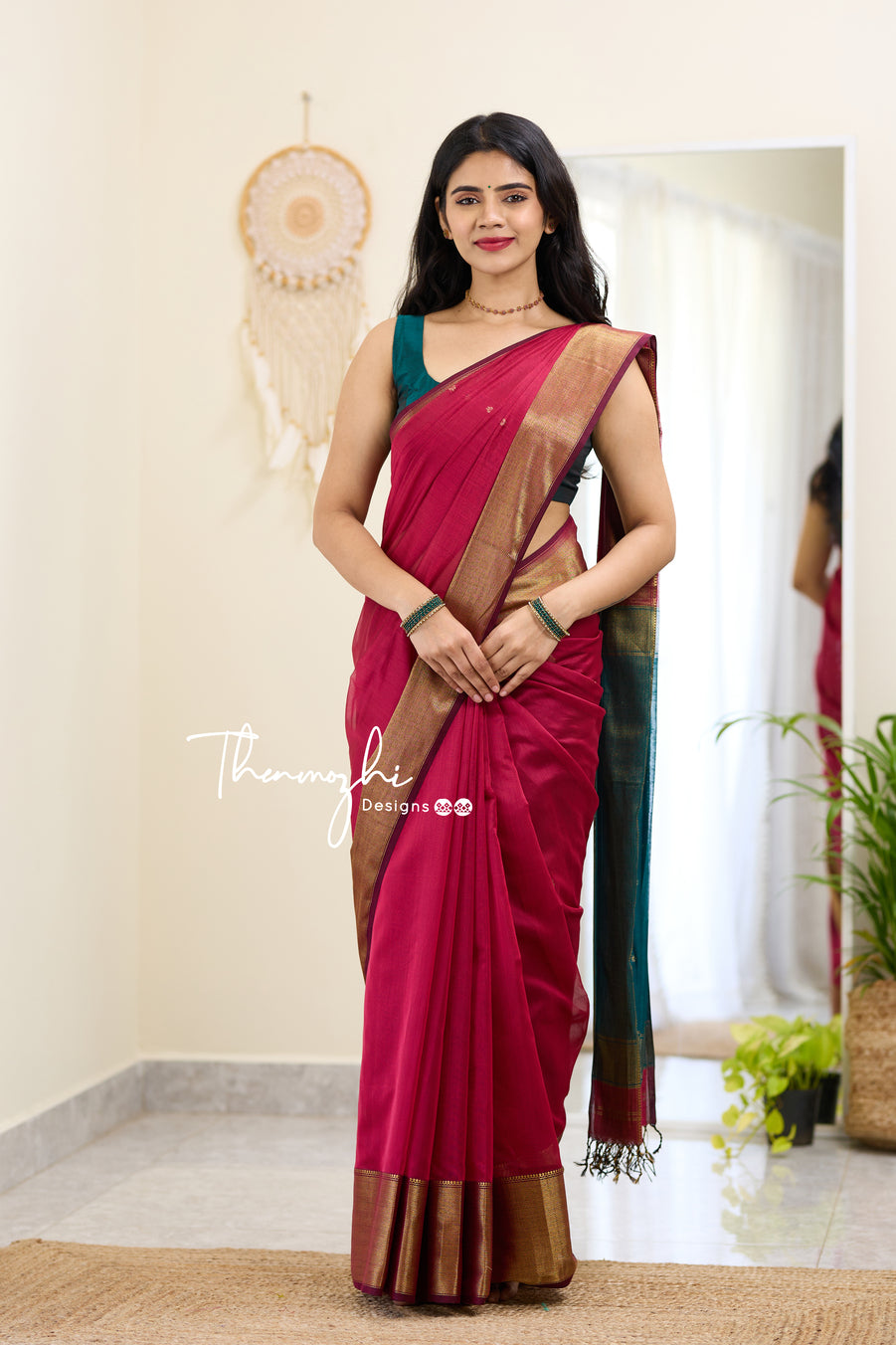Pink and Green (Big Border) Maheshwari Silk Handloom Cotton Saree