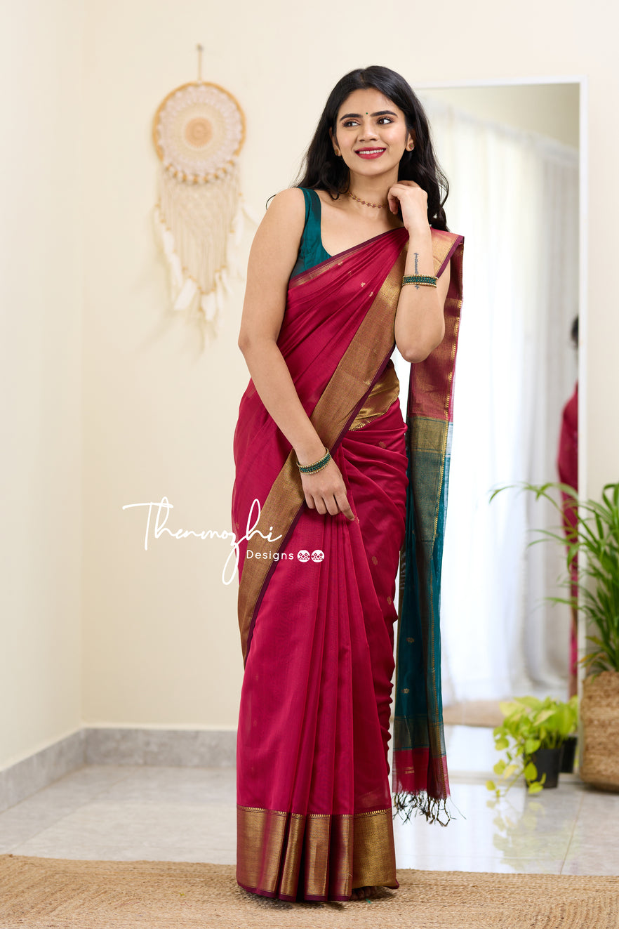 Pink and Green (Big Border) Maheshwari Silk Handloom Cotton Saree