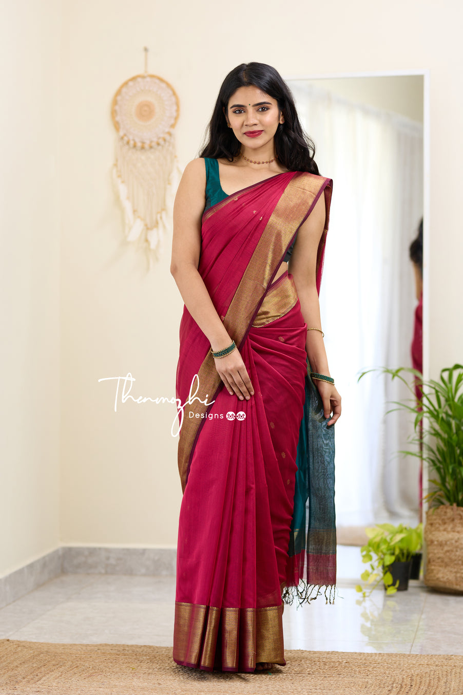 Pink and Green (Big Border) Maheshwari Silk Handloom Cotton Saree