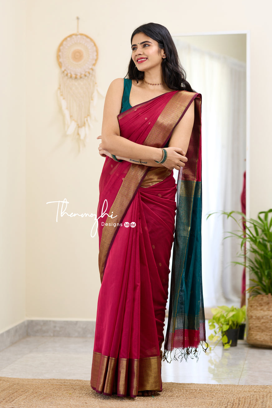 Pink and Green (Big Border) Maheshwari Silk Handloom Cotton Saree