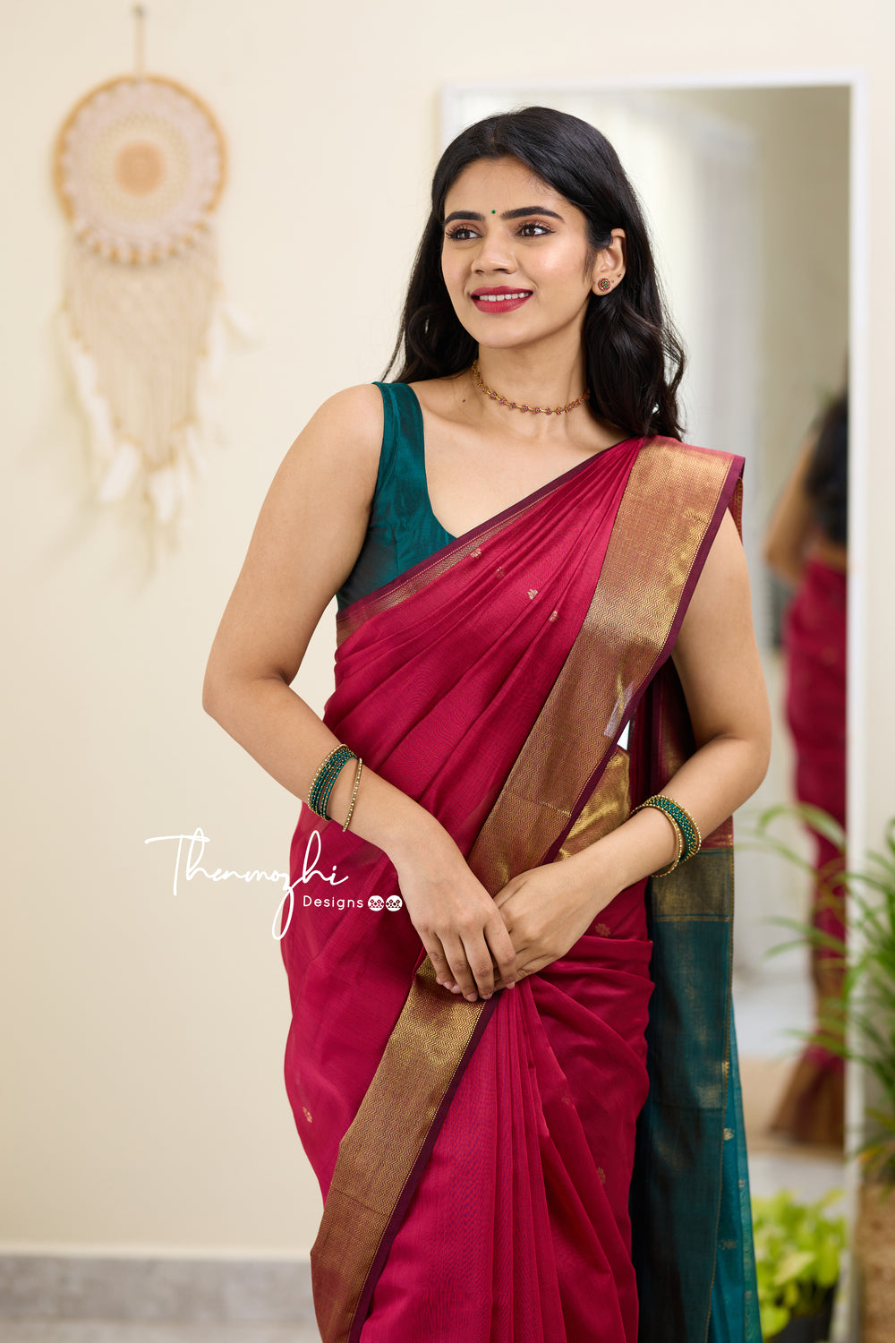 Pink and Green (Big Border) Maheshwari Silk Handloom Cotton Saree