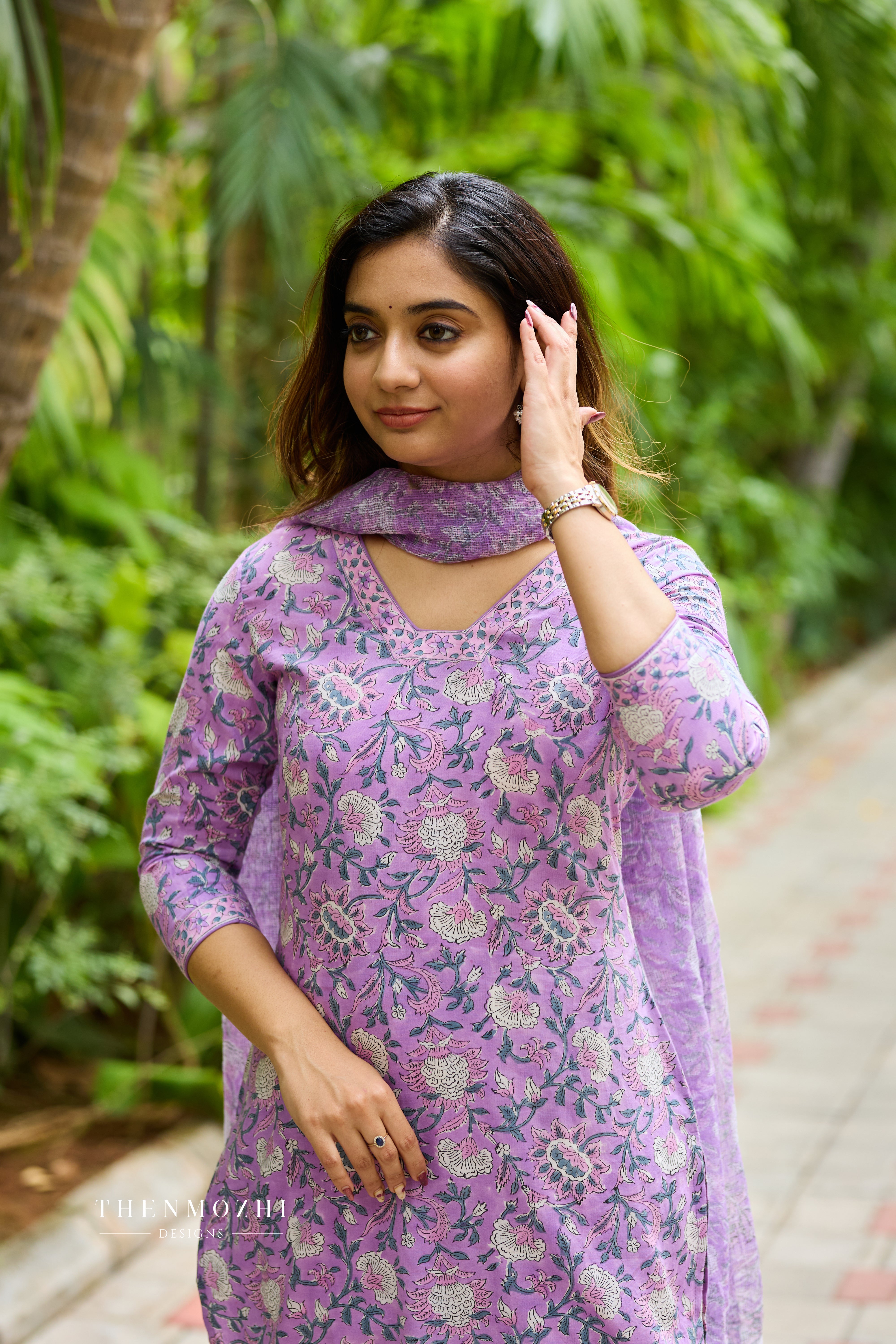 Orchid Purple Cotton Suit Set with Kota Dupatta