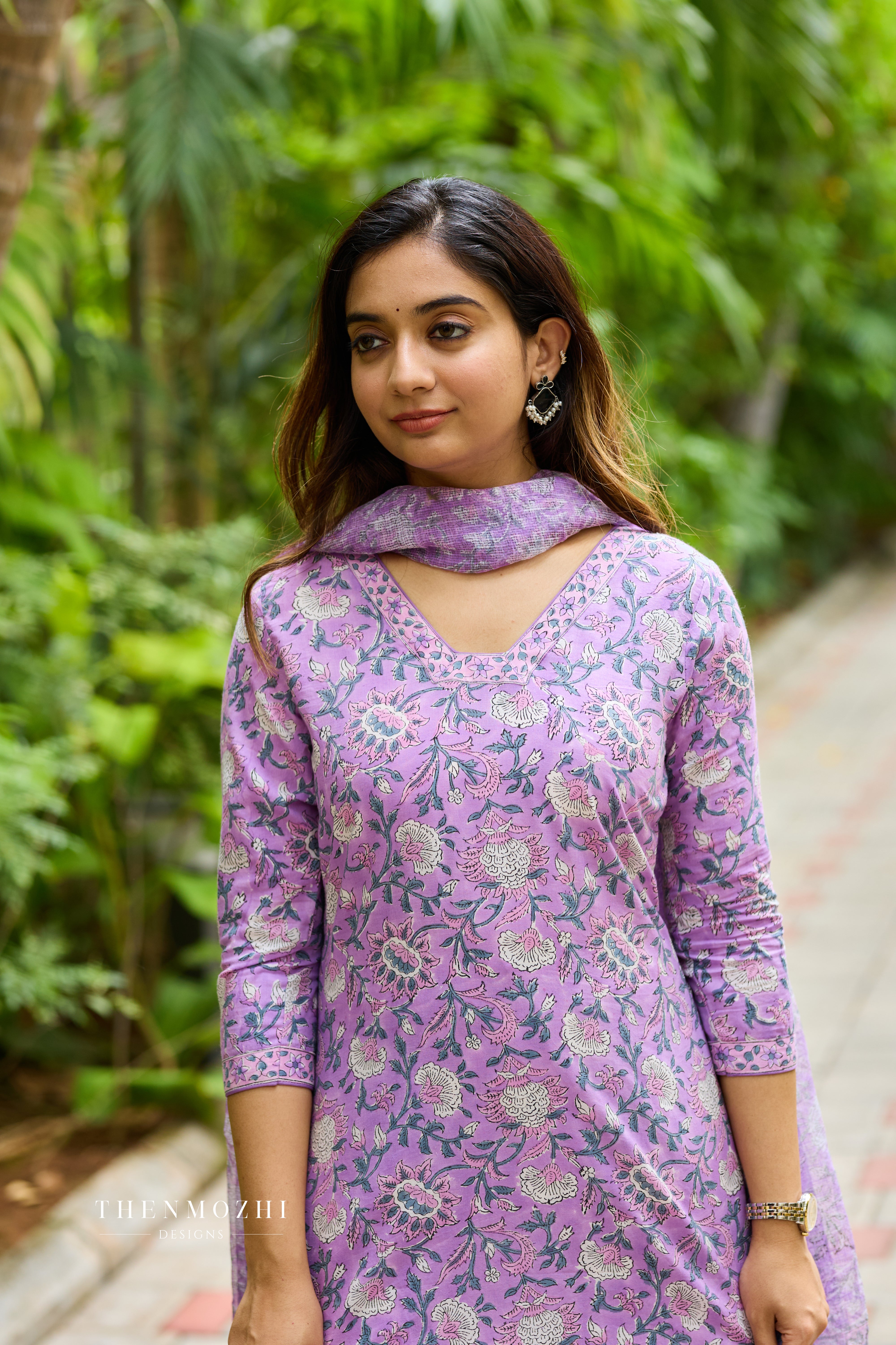 Orchid Purple Cotton Suit Set with Kota Dupatta