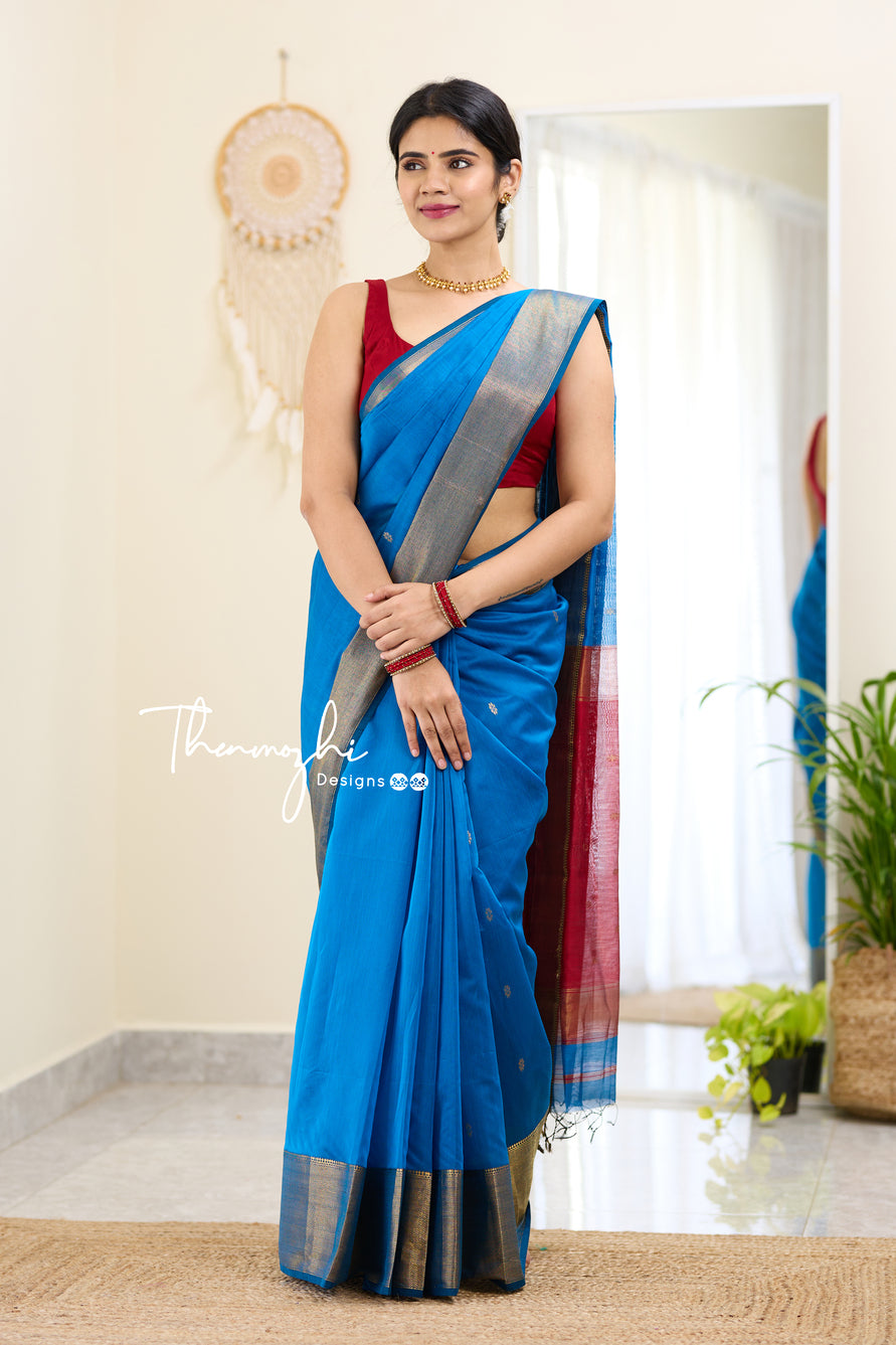 Blue and Red (Big Border) Maheshwari Silk Handloom Cotton Saree