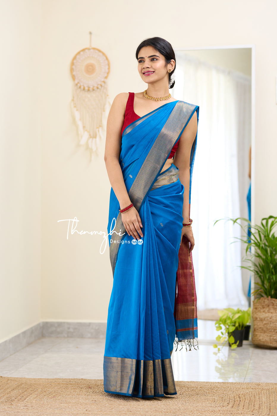 Blue and Red (Big Border) Maheshwari Silk Handloom Cotton Saree