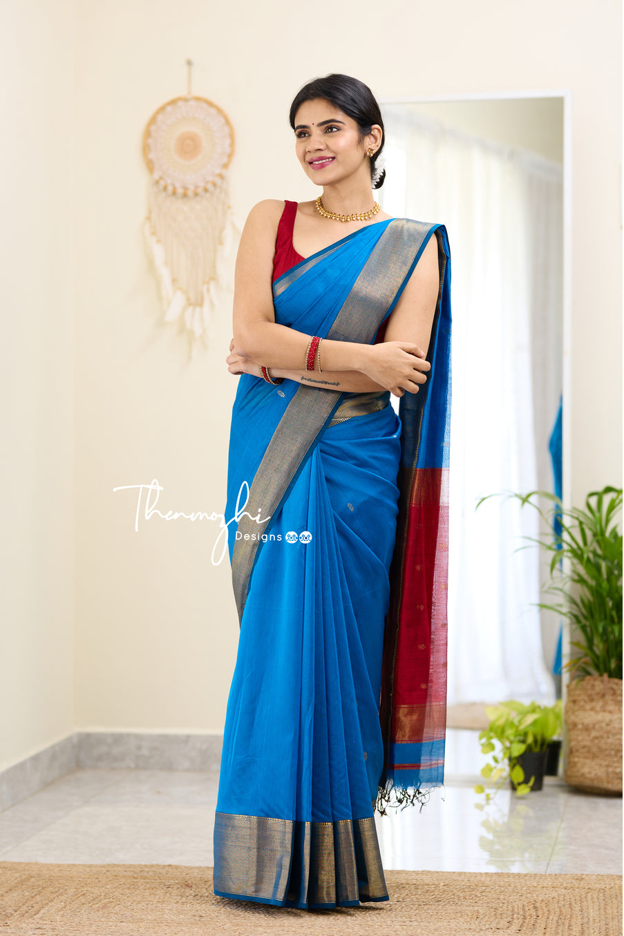 Blue and Red (Big Border) Maheshwari Silk Handloom Cotton Saree