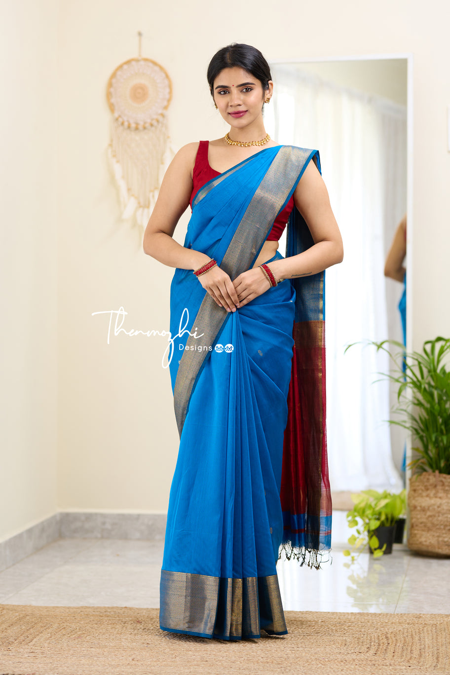 Blue and Red (Big Border) Maheshwari Silk Handloom Cotton Saree