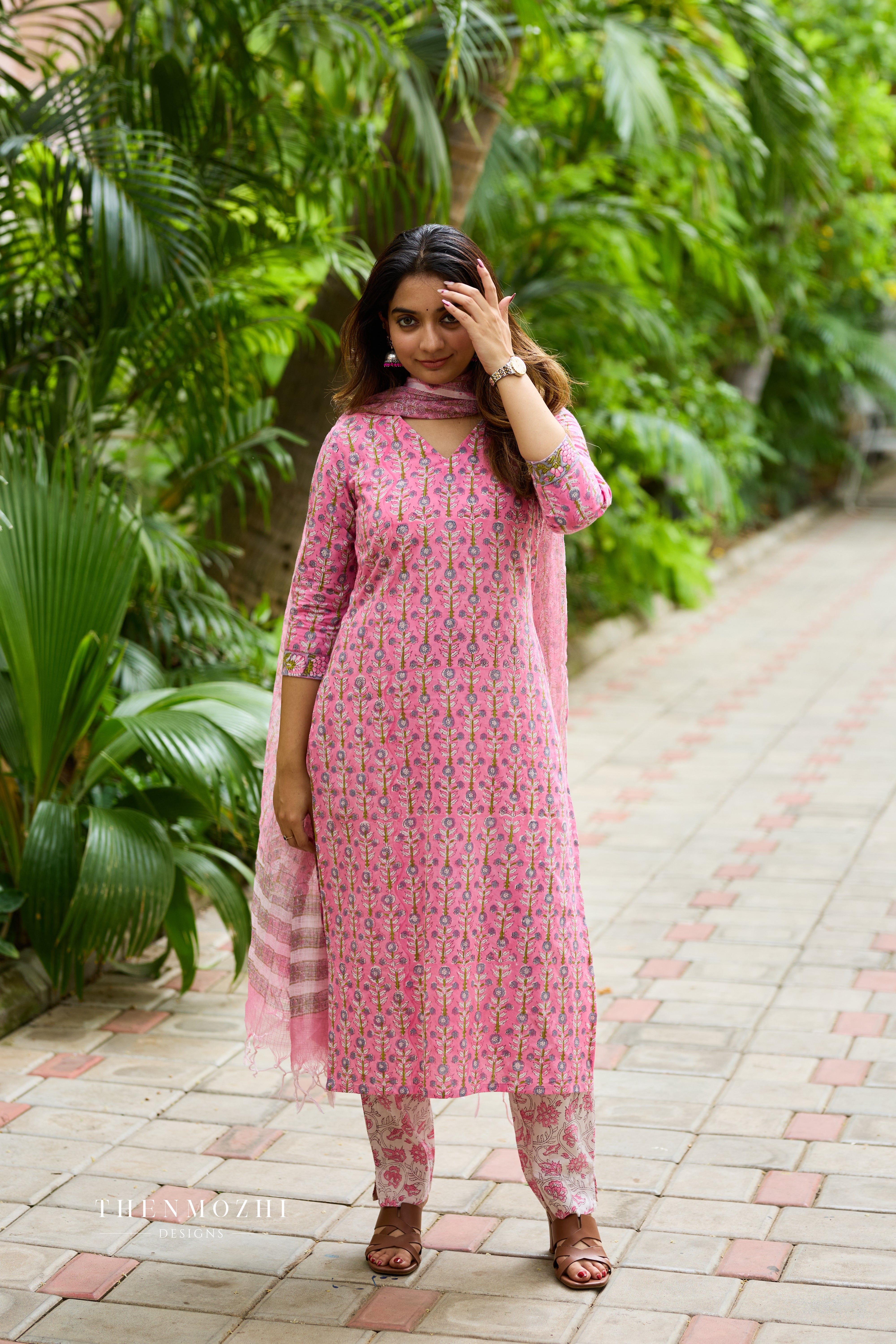 Rose Pink Cotton Suit Set with Kota Dupatta