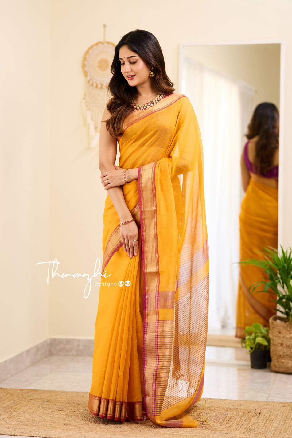 Hridaya - Yellow Maheshwari Tissue Silk Cotton Saree