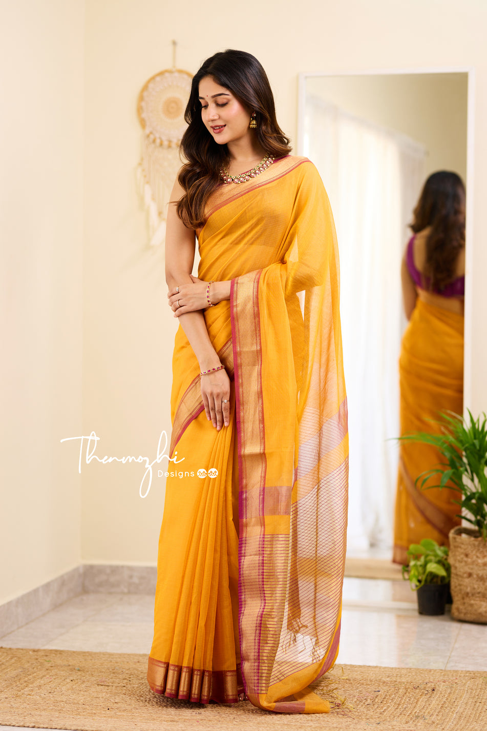 Hridaya (Yellow) - Yellow Maheshwari Tissue Silk Cotton Saree