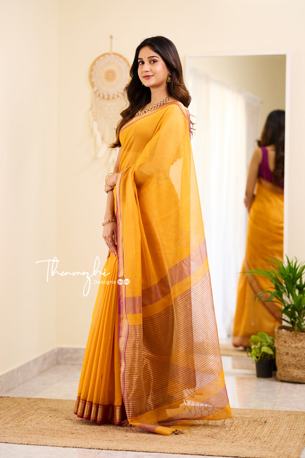 Hridaya (Yellow) - Yellow Maheshwari Tissue Silk Cotton Saree