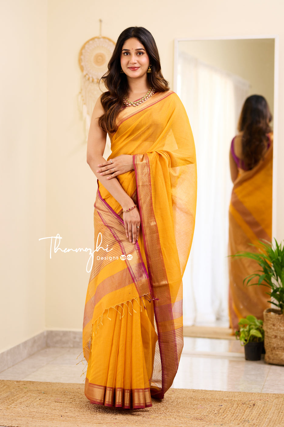 Hridaya (Yellow) - Yellow Maheshwari Tissue Silk Cotton Saree