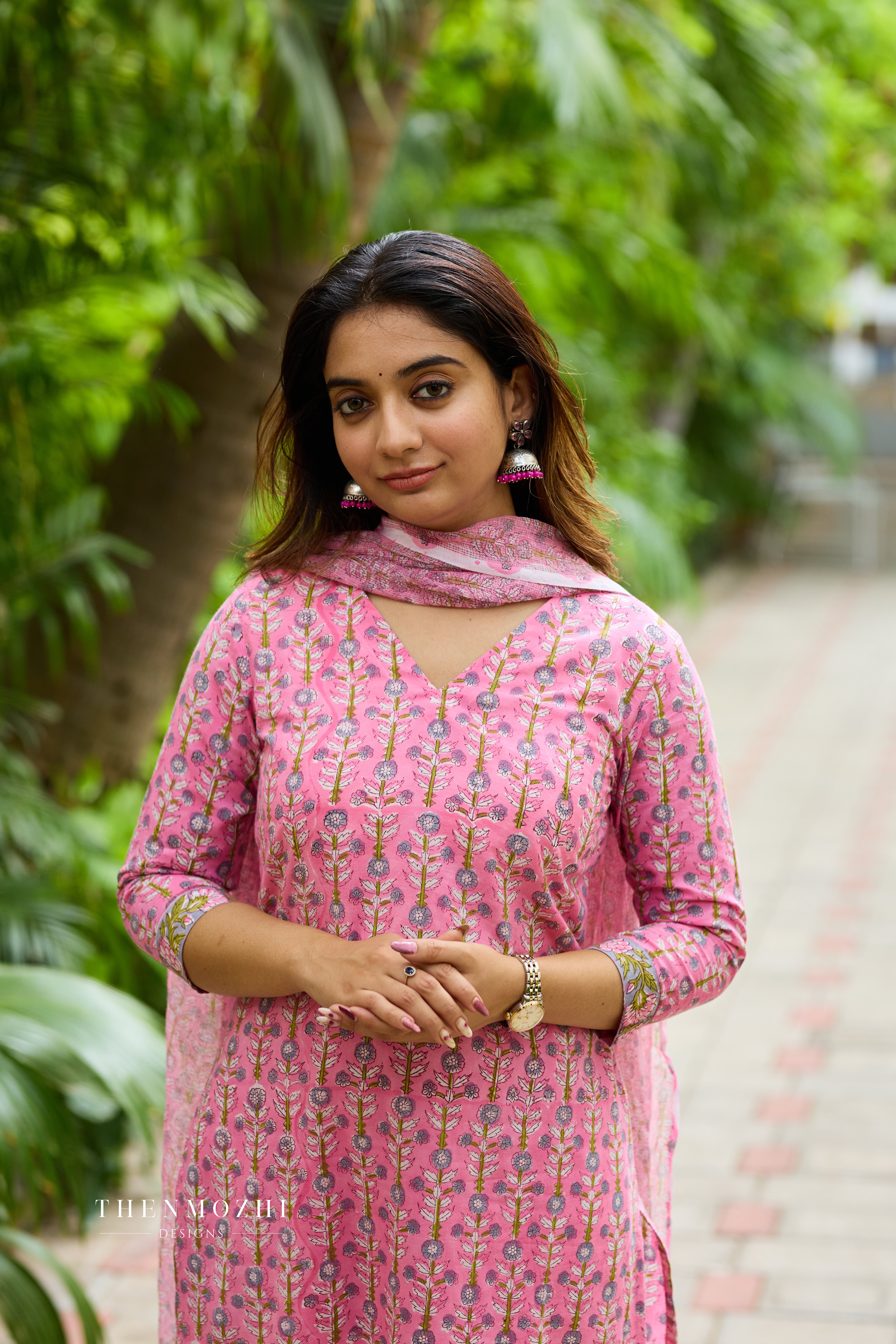 Rose Pink Cotton Suit Set with Kota Dupatta