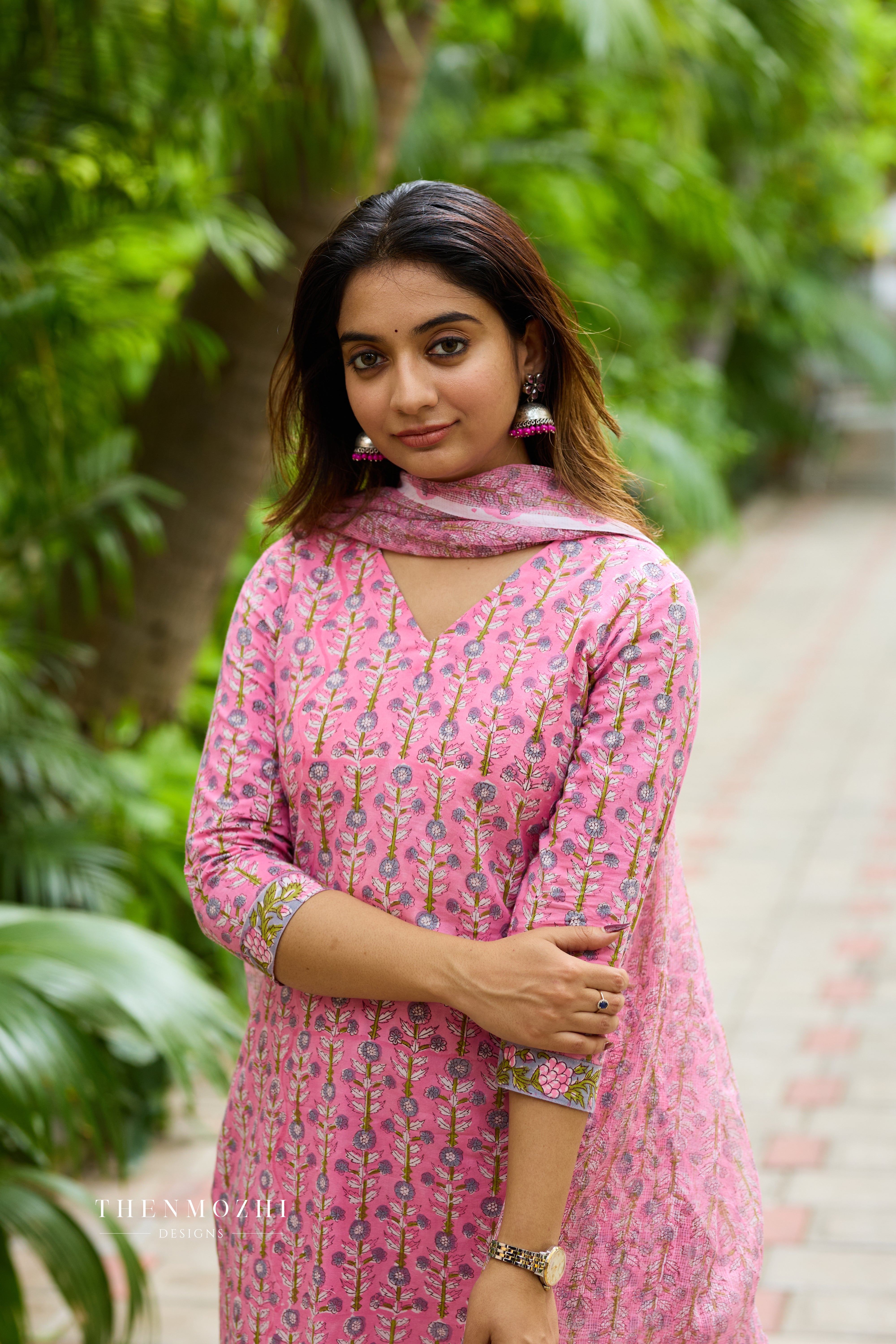 Rose Pink Cotton Suit Set with Kota Dupatta