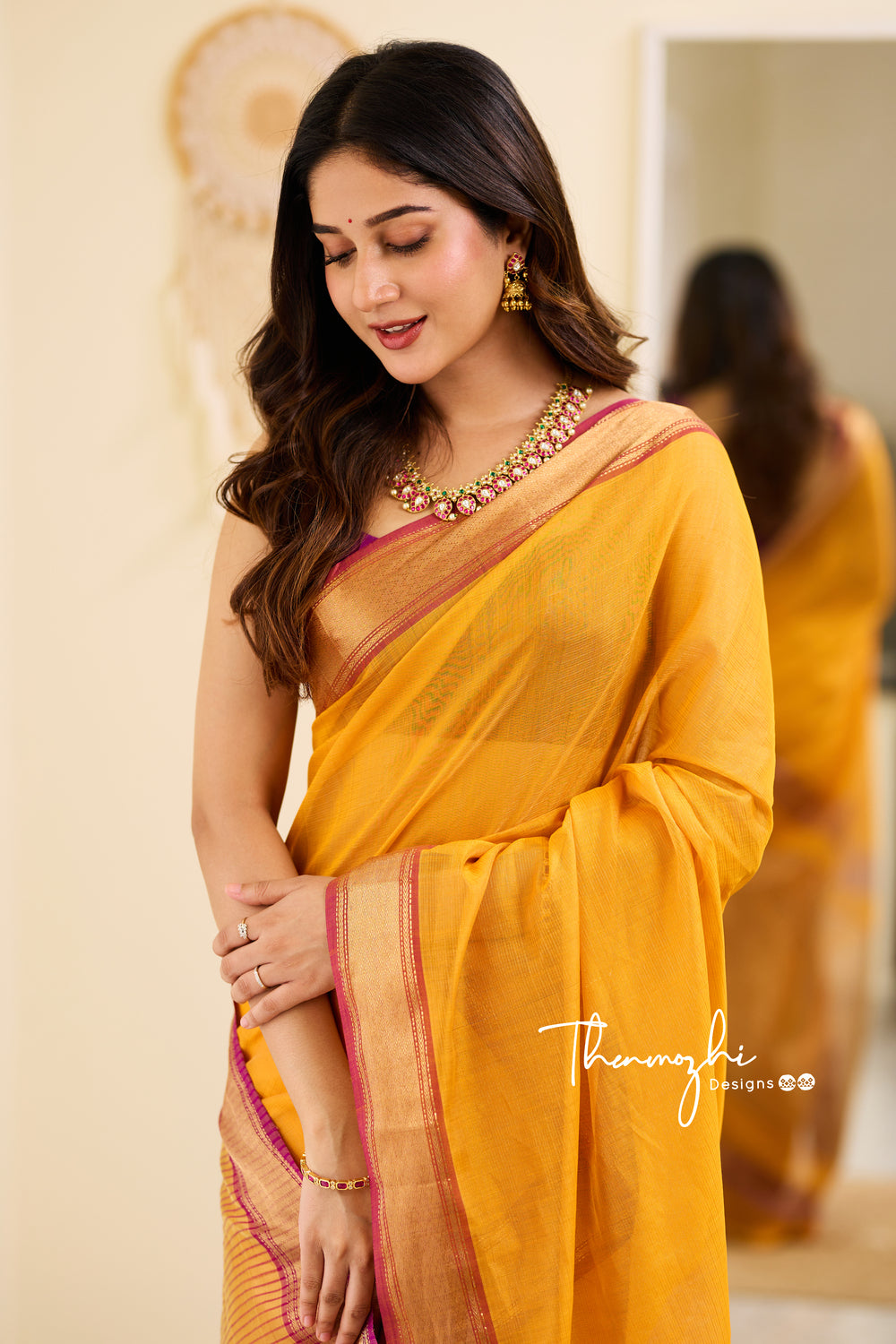 Hridaya (Yellow) - Yellow Maheshwari Tissue Silk Cotton Saree