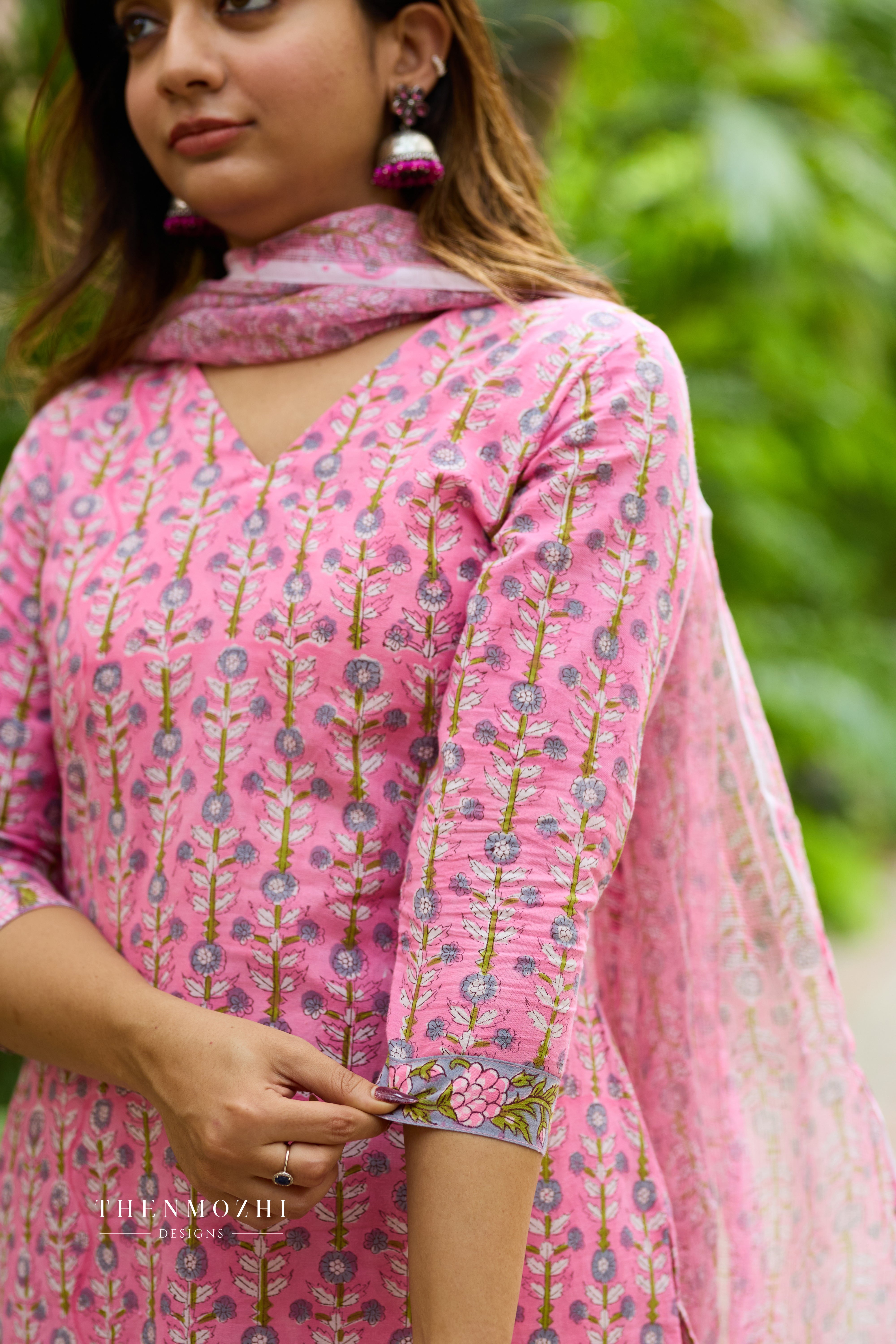 Rose Pink Cotton Suit Set with Kota Dupatta