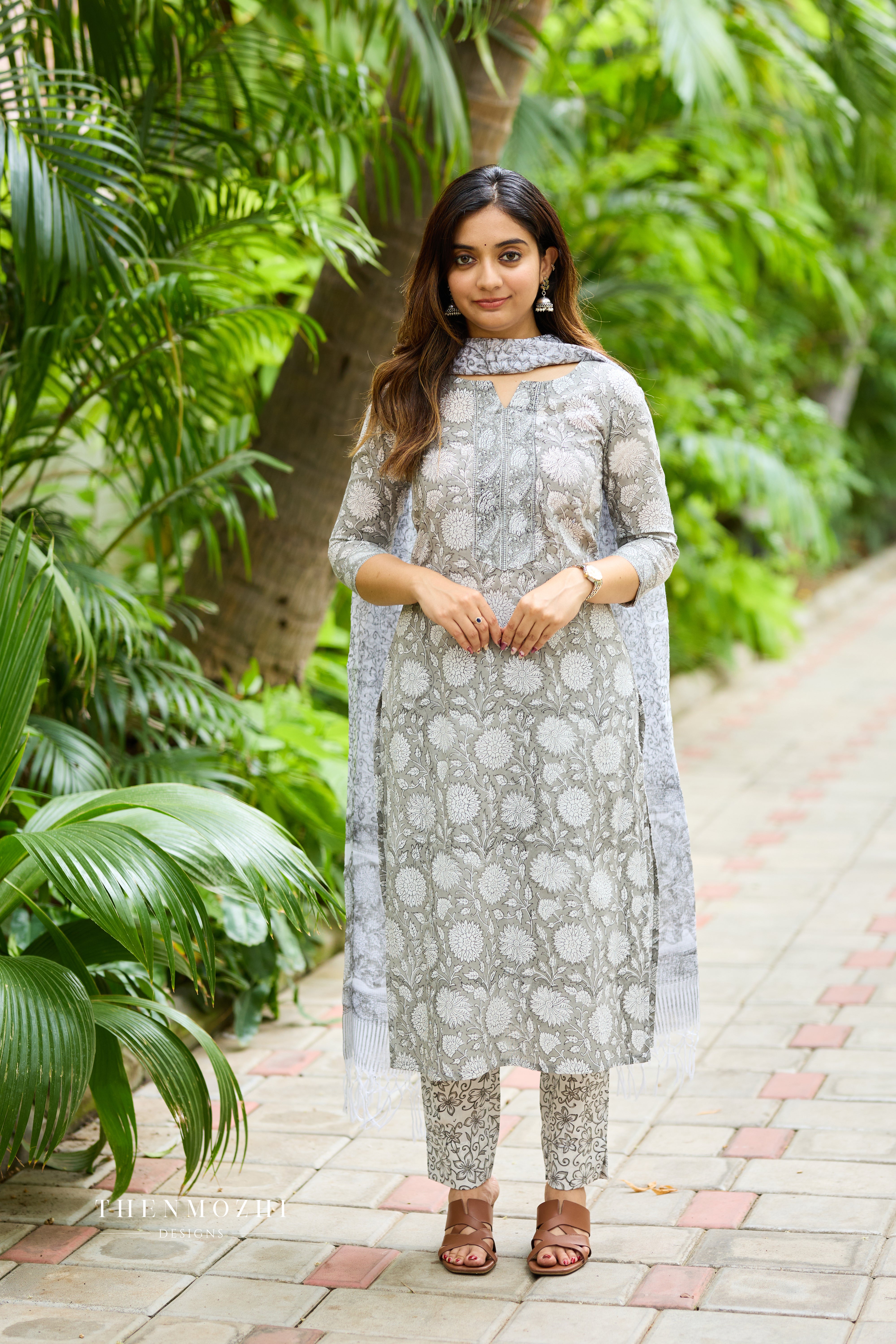 Ash Grey Cotton Suit Set with Kota Dupatta