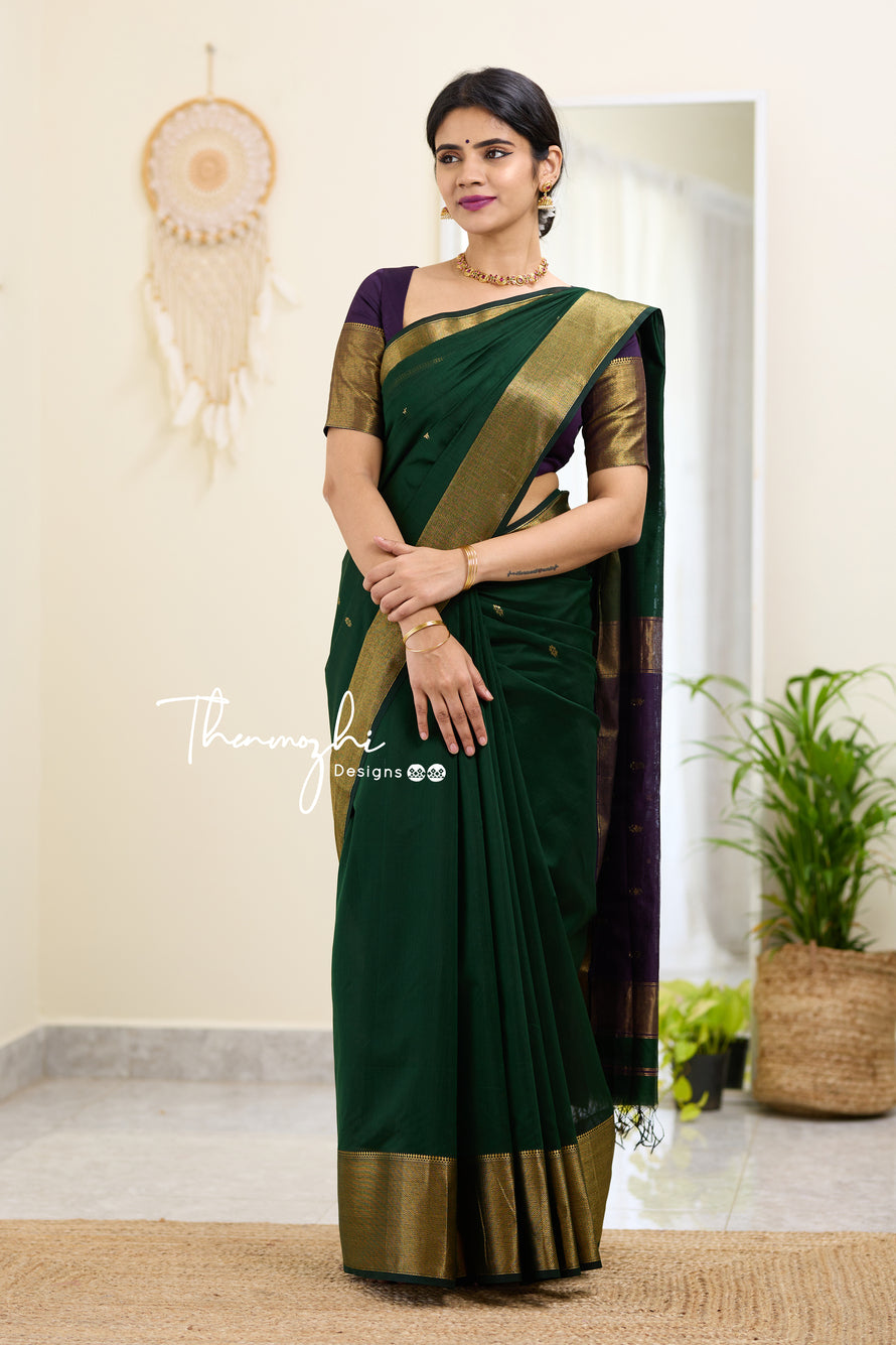 Green and Purple (Big Border) Maheshwari Silk Handloom Cotton Saree
