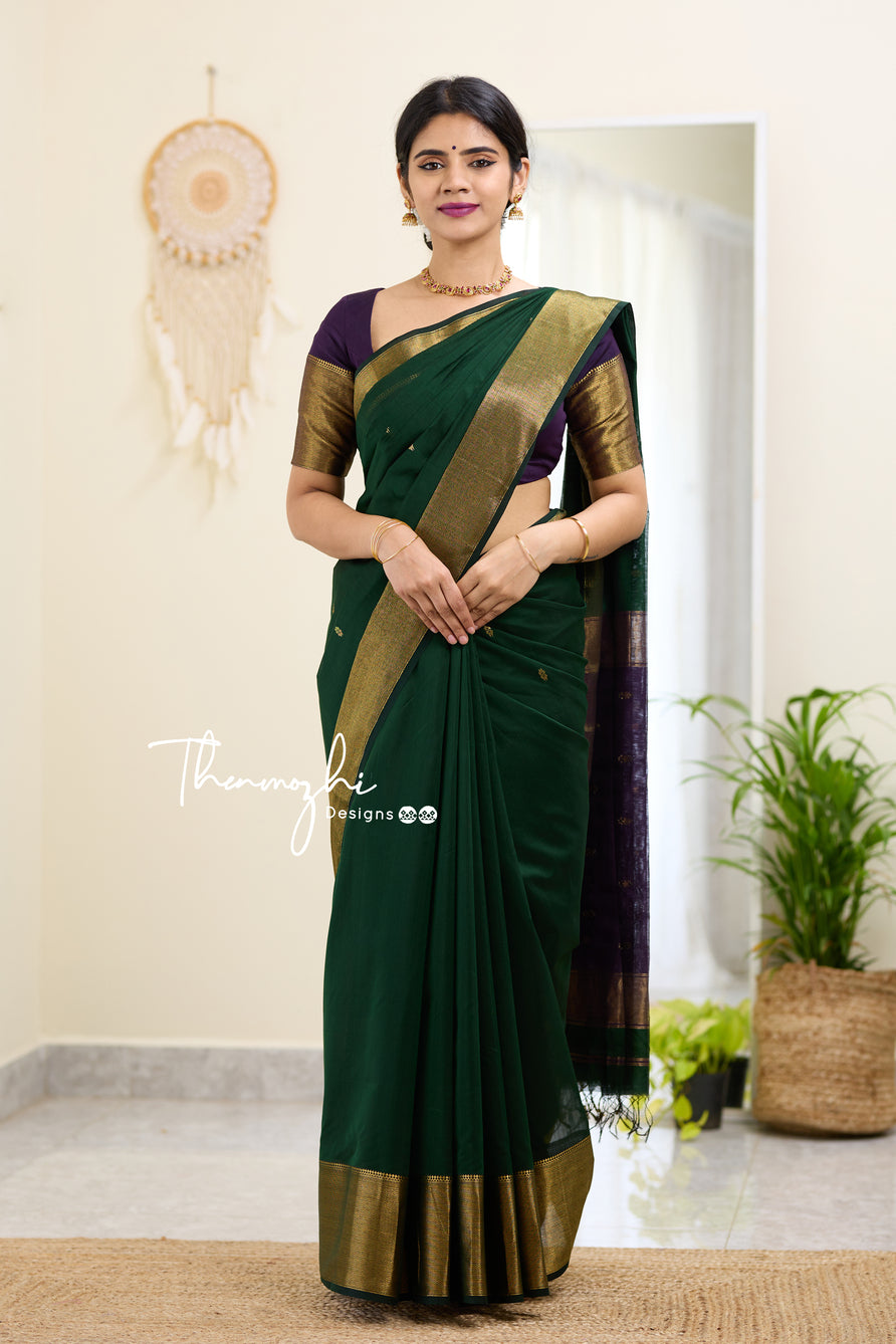 Green and Purple (Big Border) Maheshwari Silk Handloom Cotton Saree