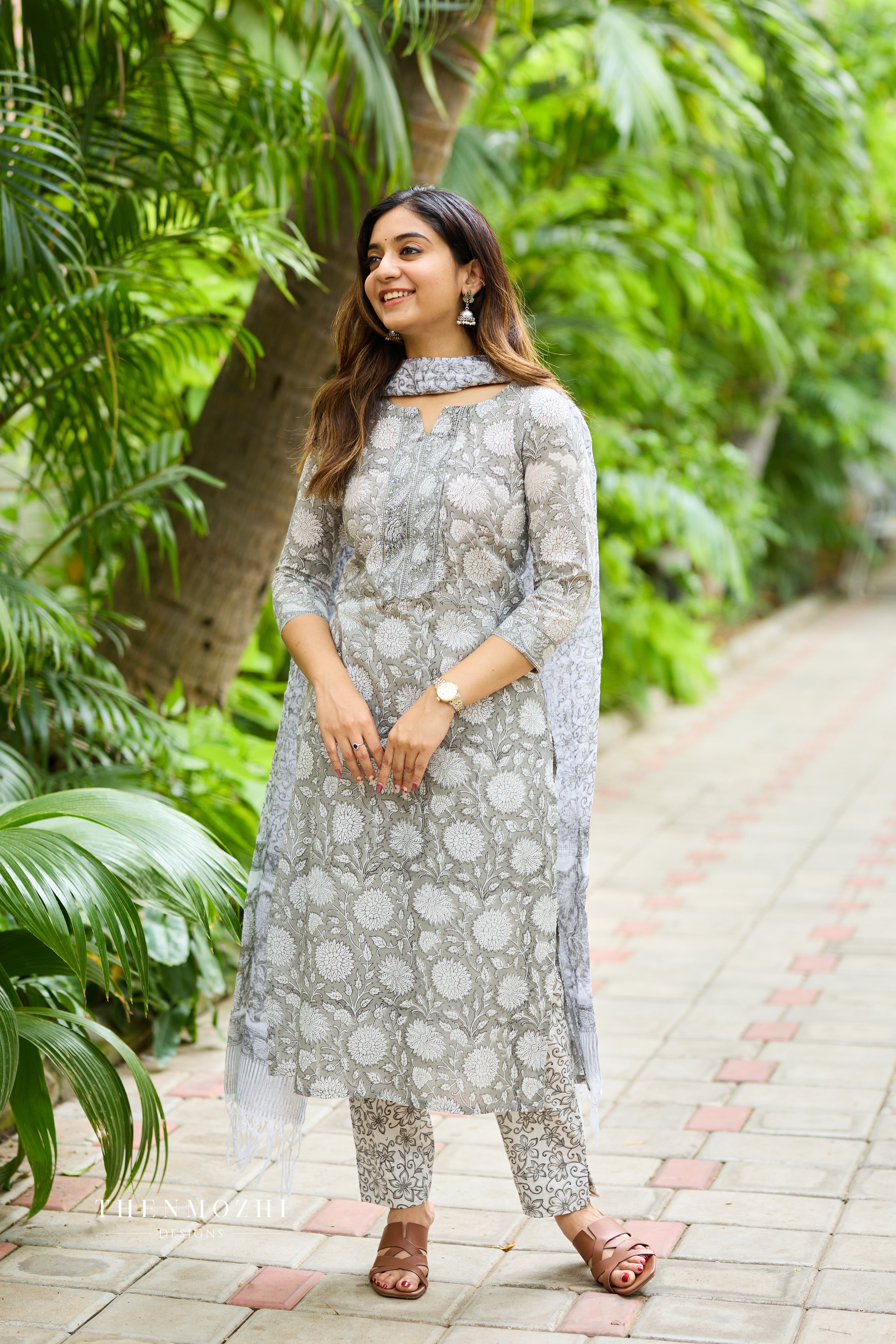 Ash Grey Cotton Suit Set with Kota Dupatta