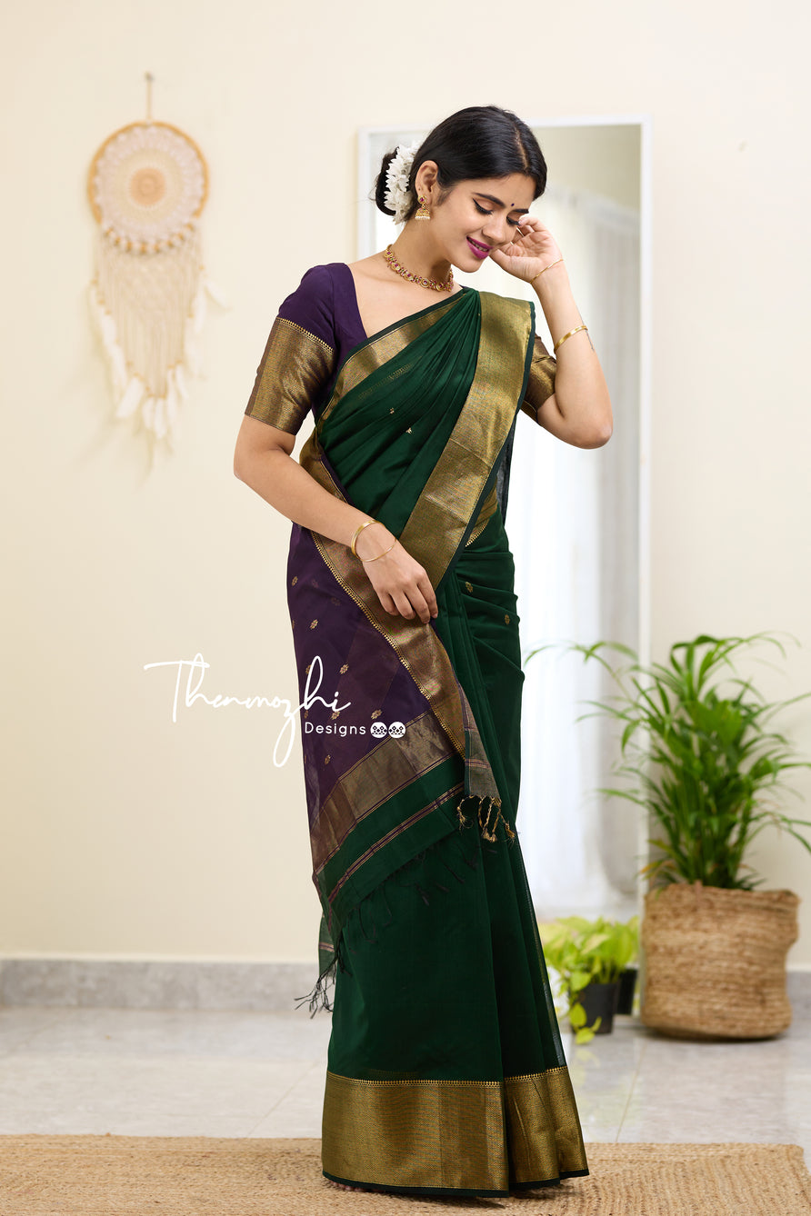 Green and Purple (Big Border) Maheshwari Silk Handloom Cotton Saree