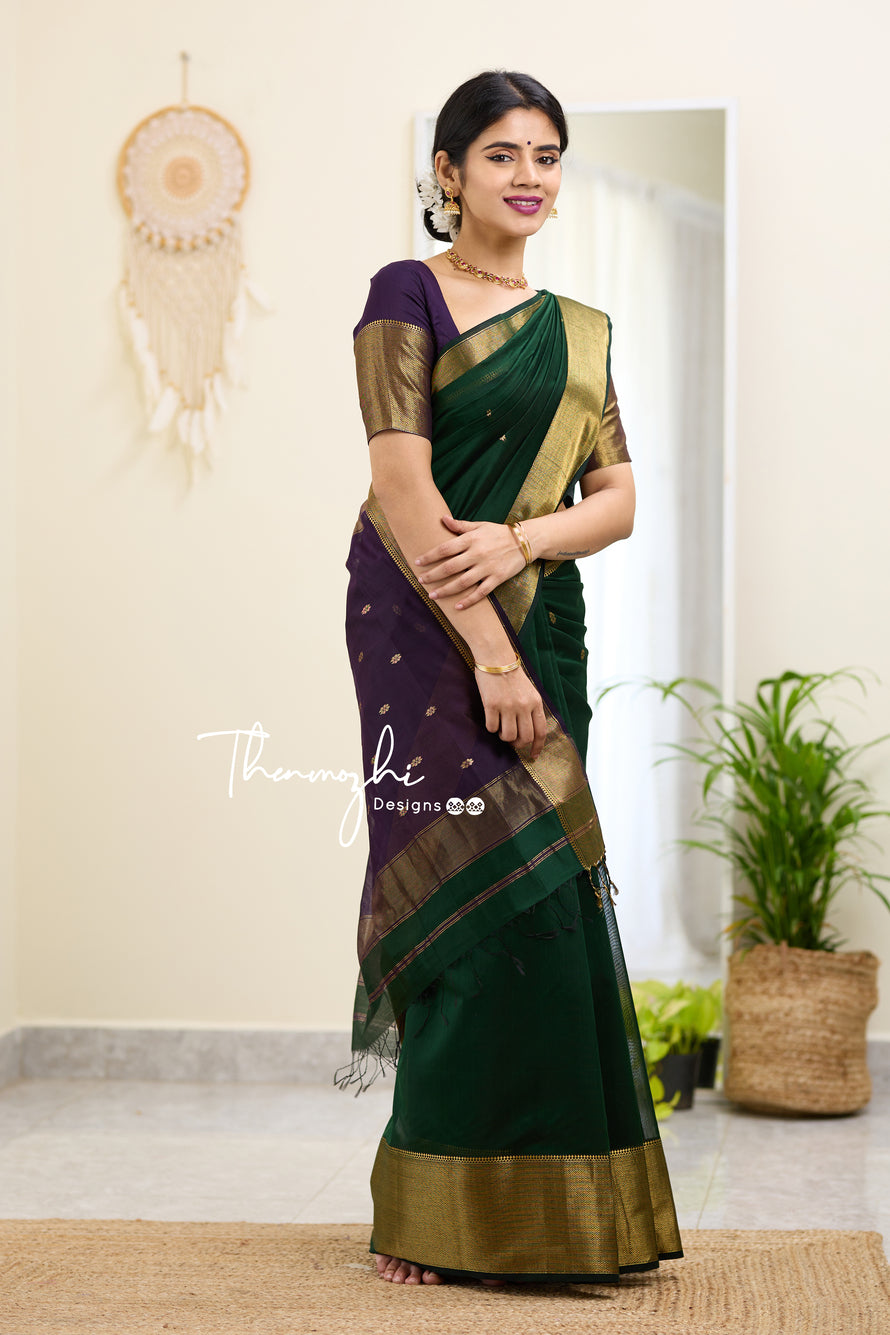 Green and Purple (Big Border) Maheshwari Silk Handloom Cotton Saree