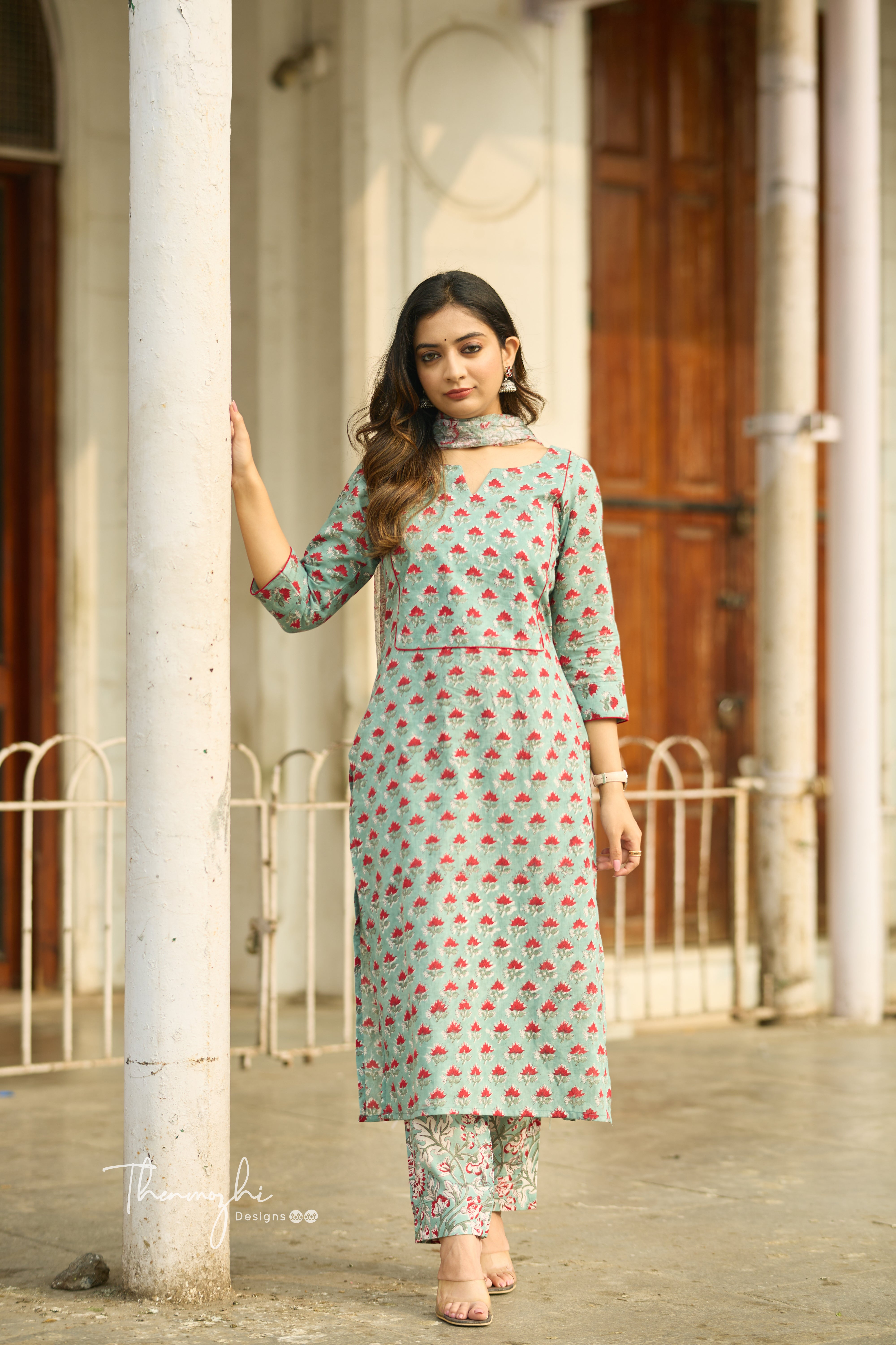 Pastel Green - Cotton Suit Set with Kota Dupatta